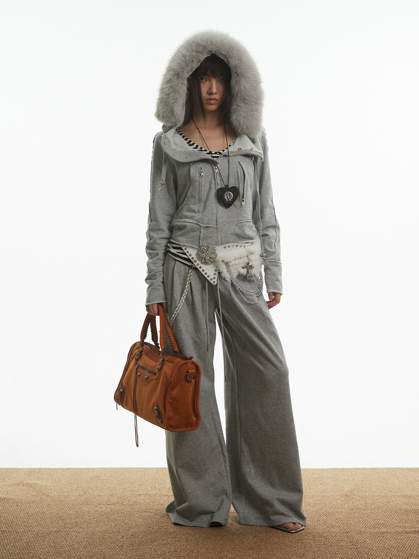 【25s Oct.】Vintage Grey Fur Collar Hooded Sweatshirt