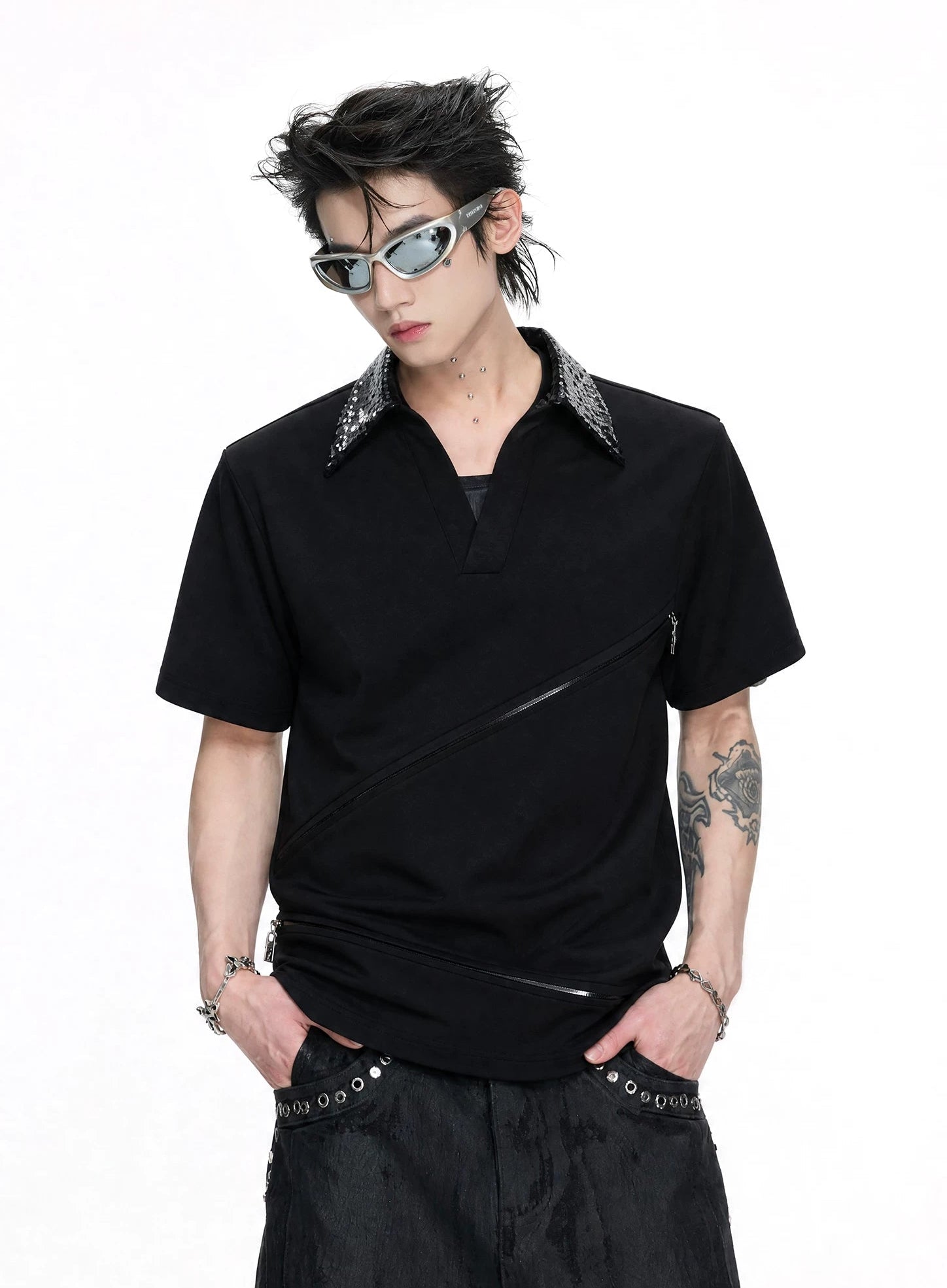 Asymmetric Zip Sequin Polo Tee