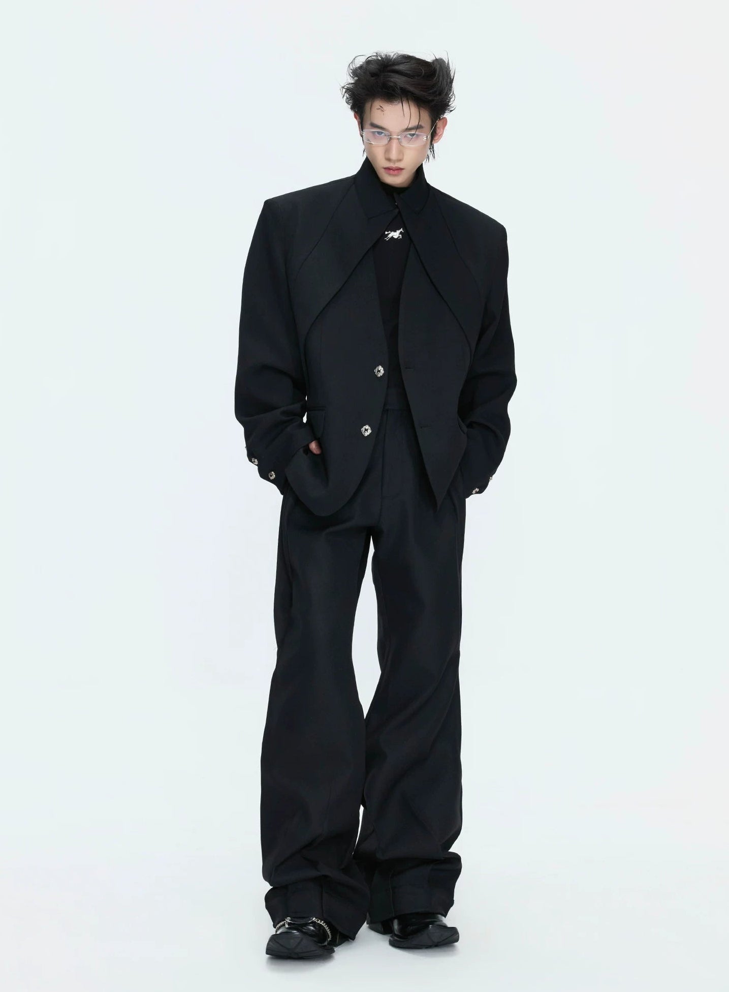 【26s Apr.】Layered Stand Collar V-Neck Structured Jacket / Pants