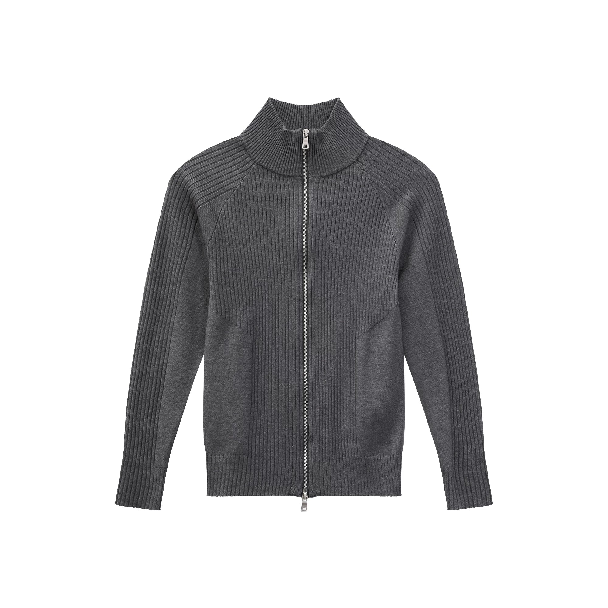 【26s Jan.】Slim-Fit Ribbed Stand Collar Double-Zip Knit Cardigan