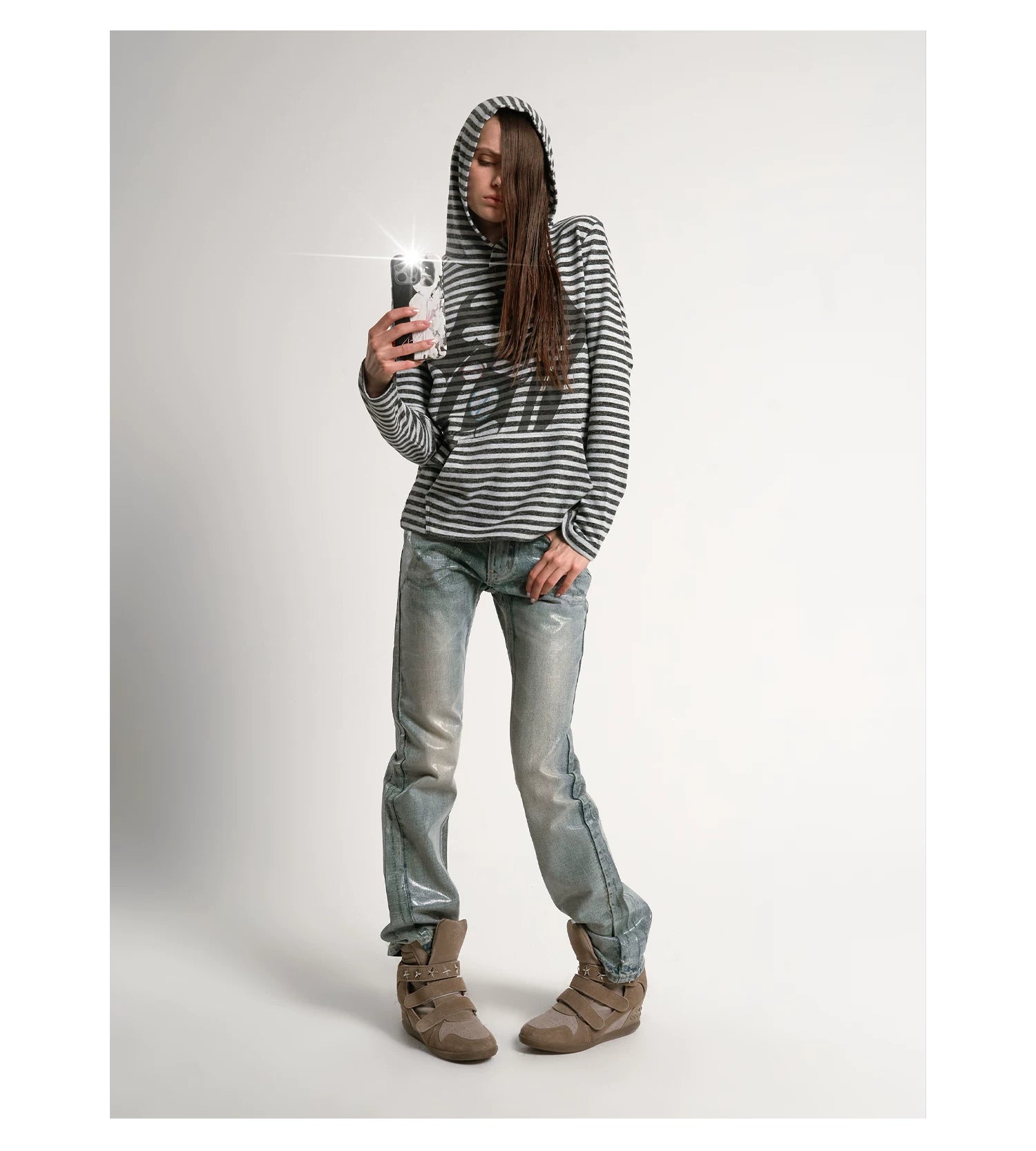 Ice Blue Crack Washed Flared Denim Jeans