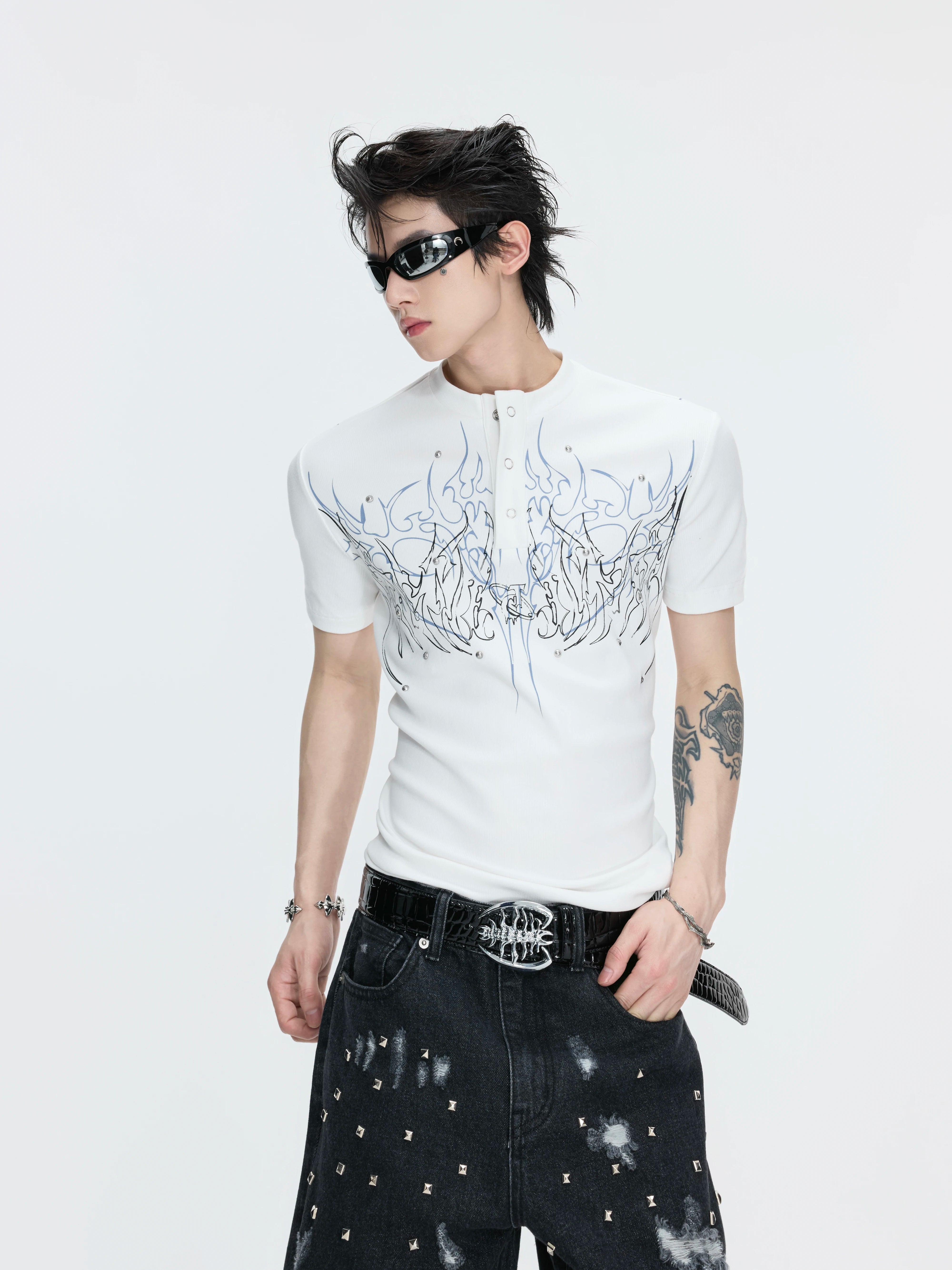 Gothic Flame Studded Slim Tee