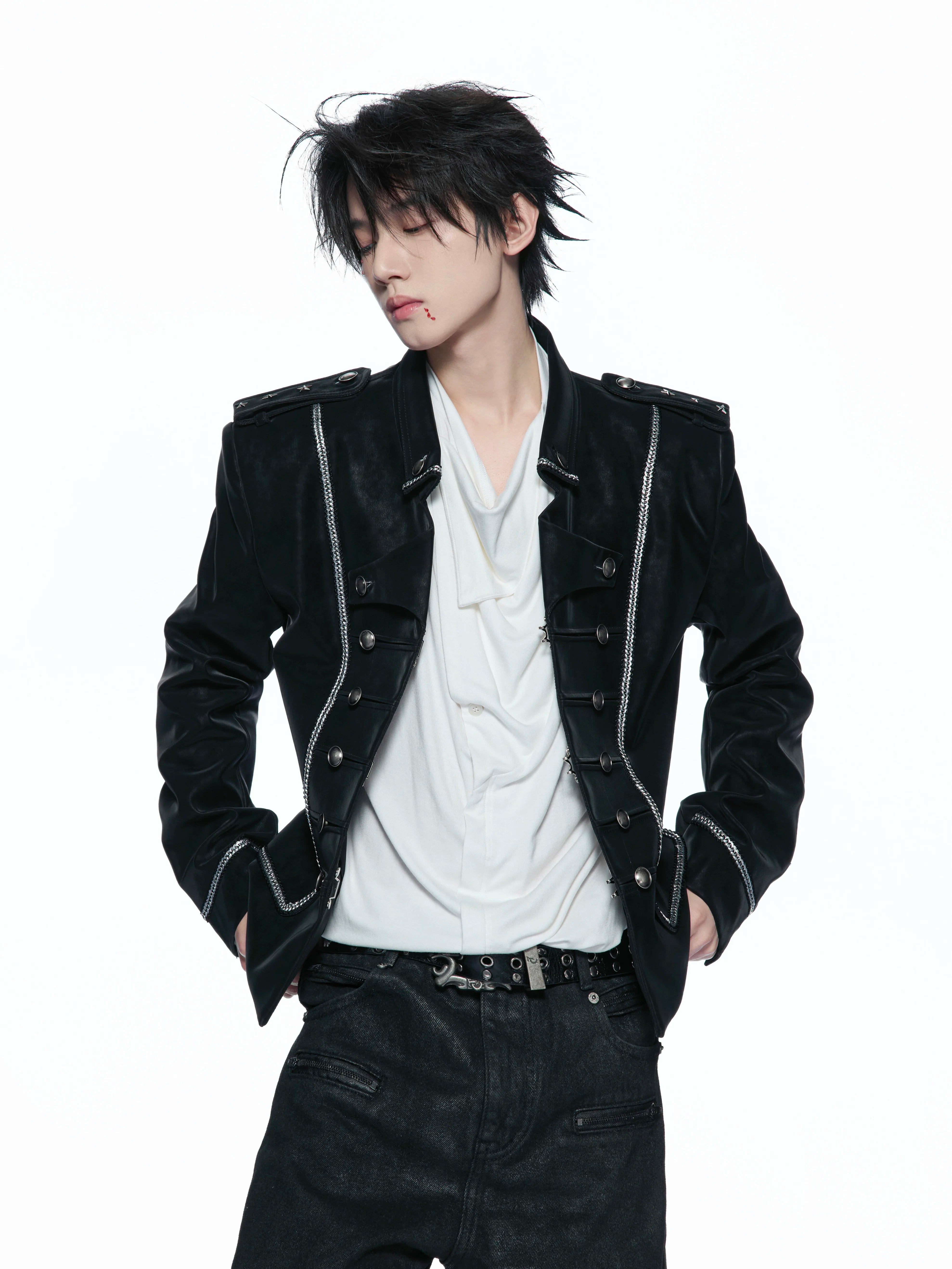 Silver Black Matte Leather Double-Breasted Structured Jacket