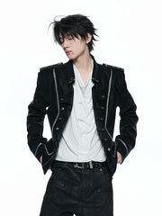 Silver Black Matte Leather Double-Breasted Structured Jacket