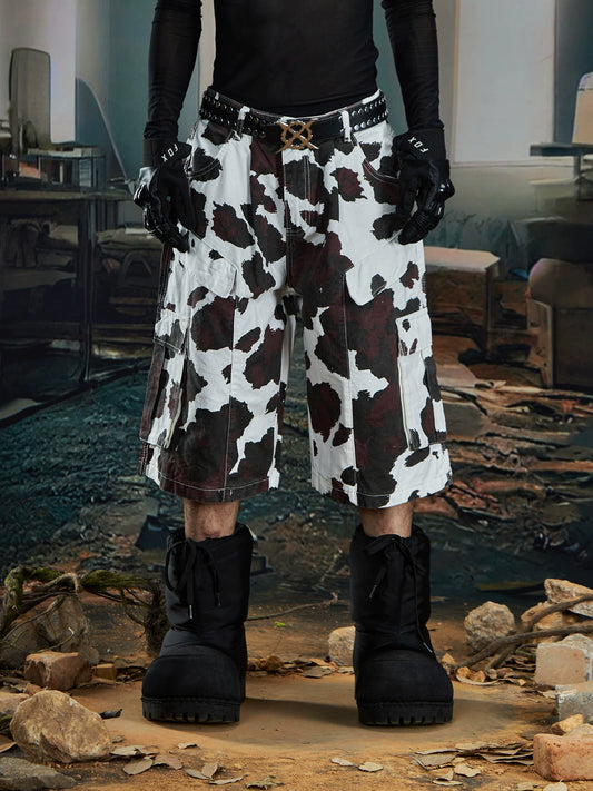 【25s Aug.】Deconstructed Patchwork Cargo Cow-Print Cropped Pants