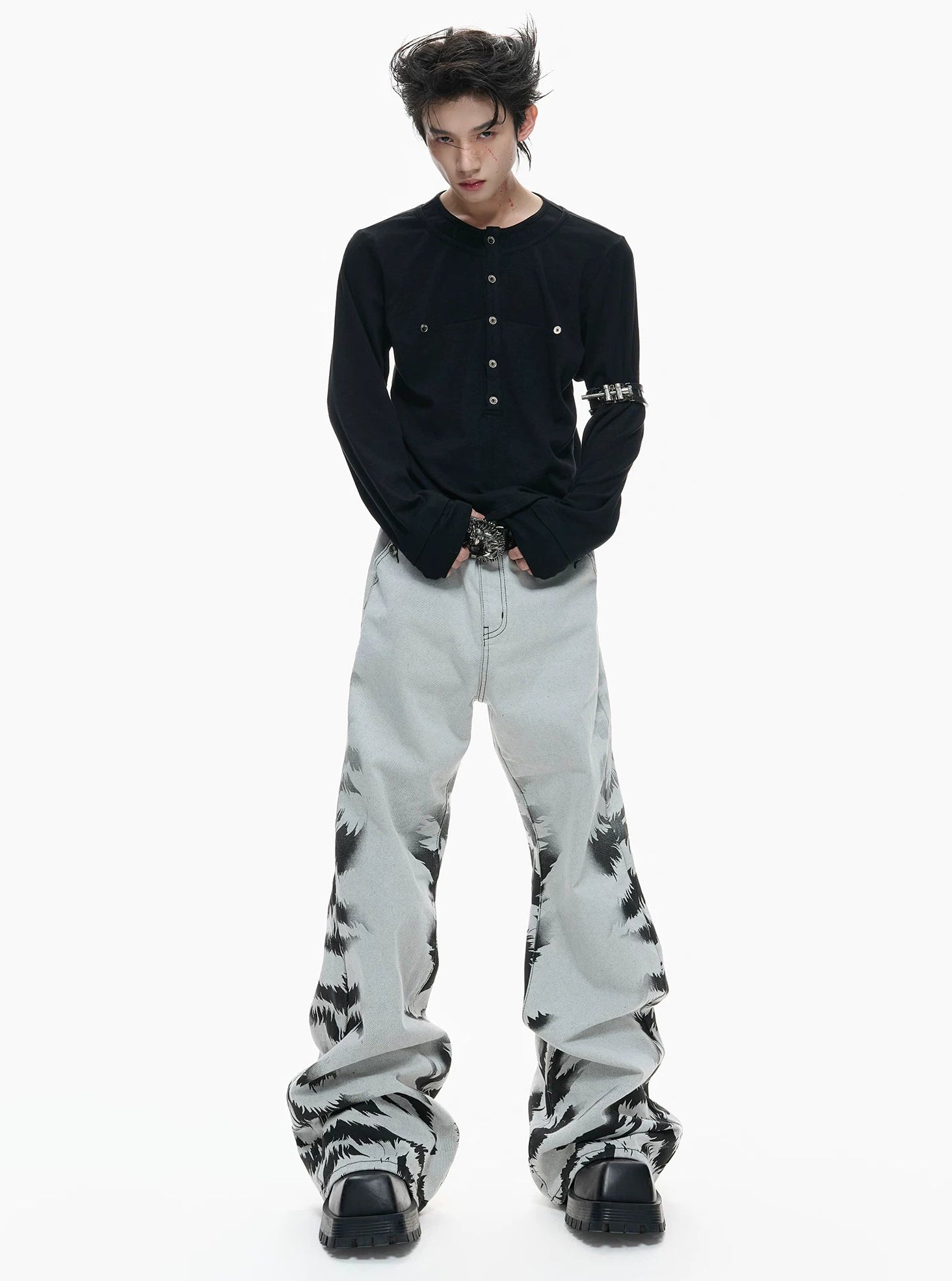 【26s Apr.】Distressed Tiger Tie-Dye Straight Flared Denim Pants