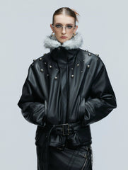 【25s Nov.】Riveted Faux Wolf Fur Collar Thickened Cotton Coat