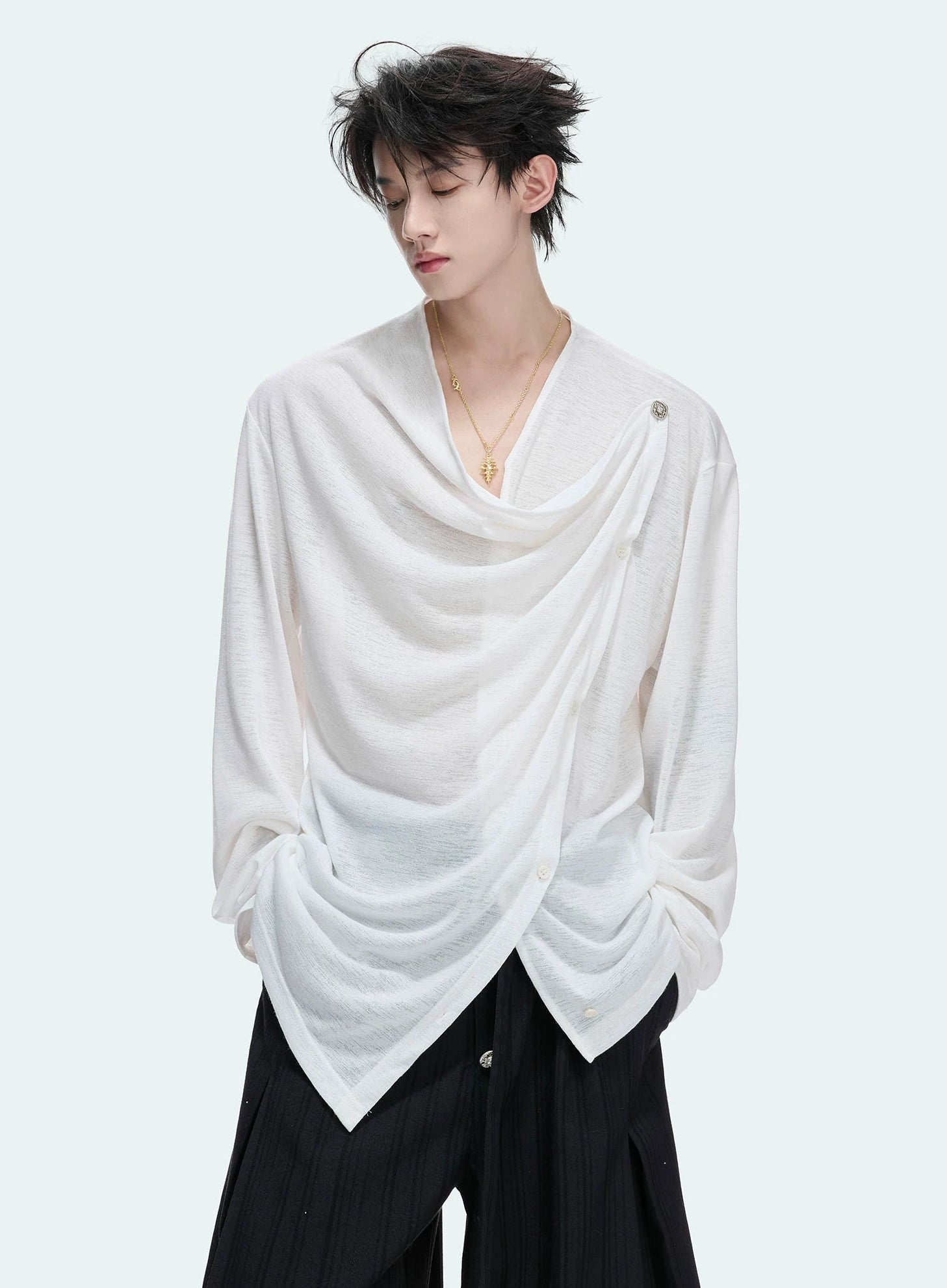 Textured Asymmetric Button Long Sleeve Top