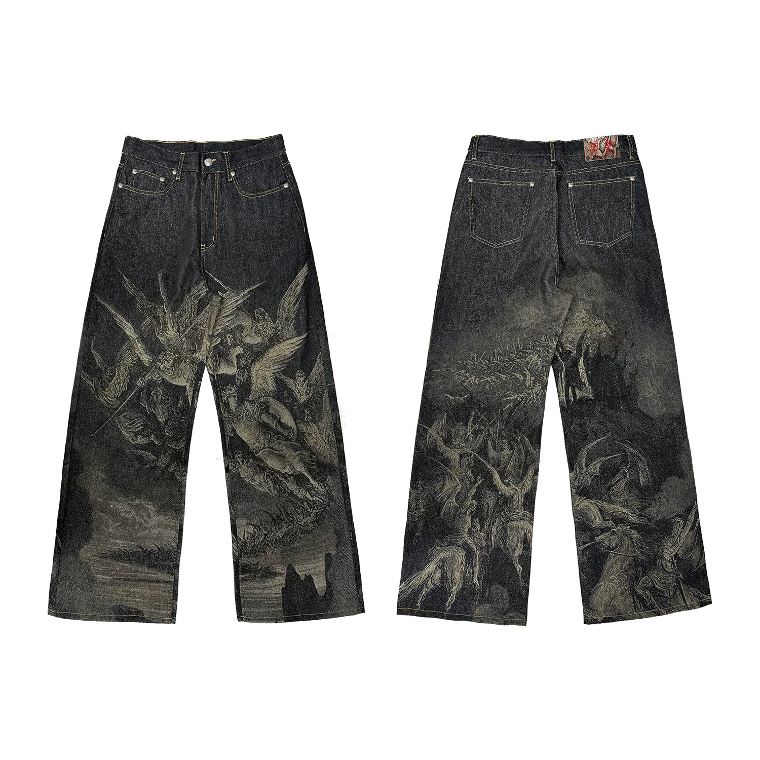 【26s May】Laser Burn Pattern Baggy Raw Denim Pants