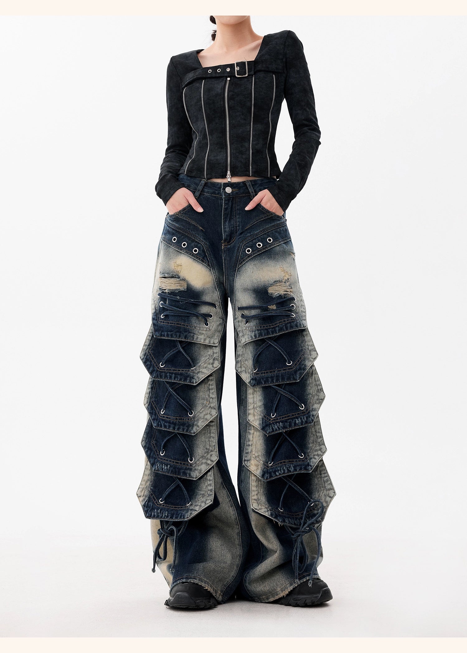 【25s Dec.】Distressed Patchwork Punk Wasteland Style Jeans