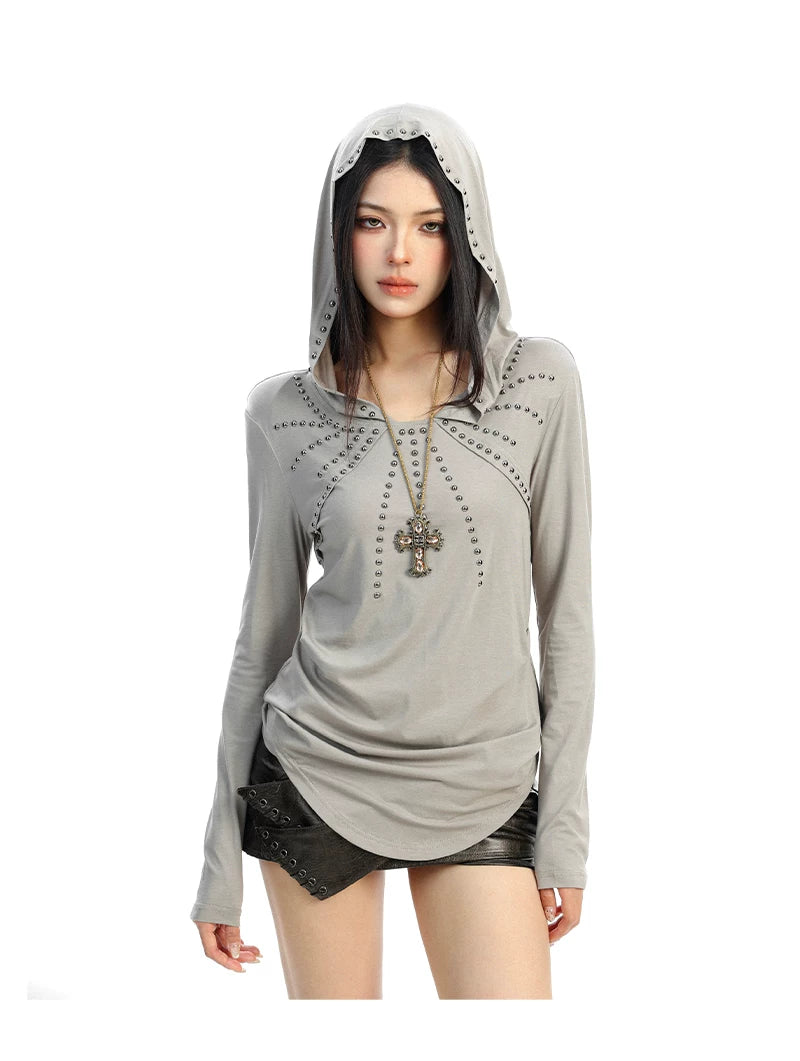 【26s Feb.】Studded Hooded Long-Sleeve Waist-Fit Top