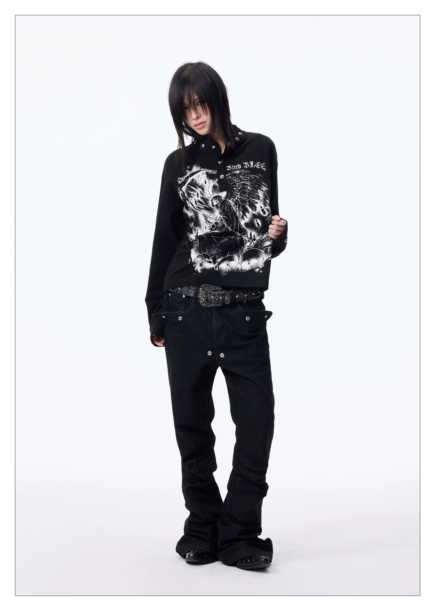 Dark Graphic Button Long Sleeve Tee