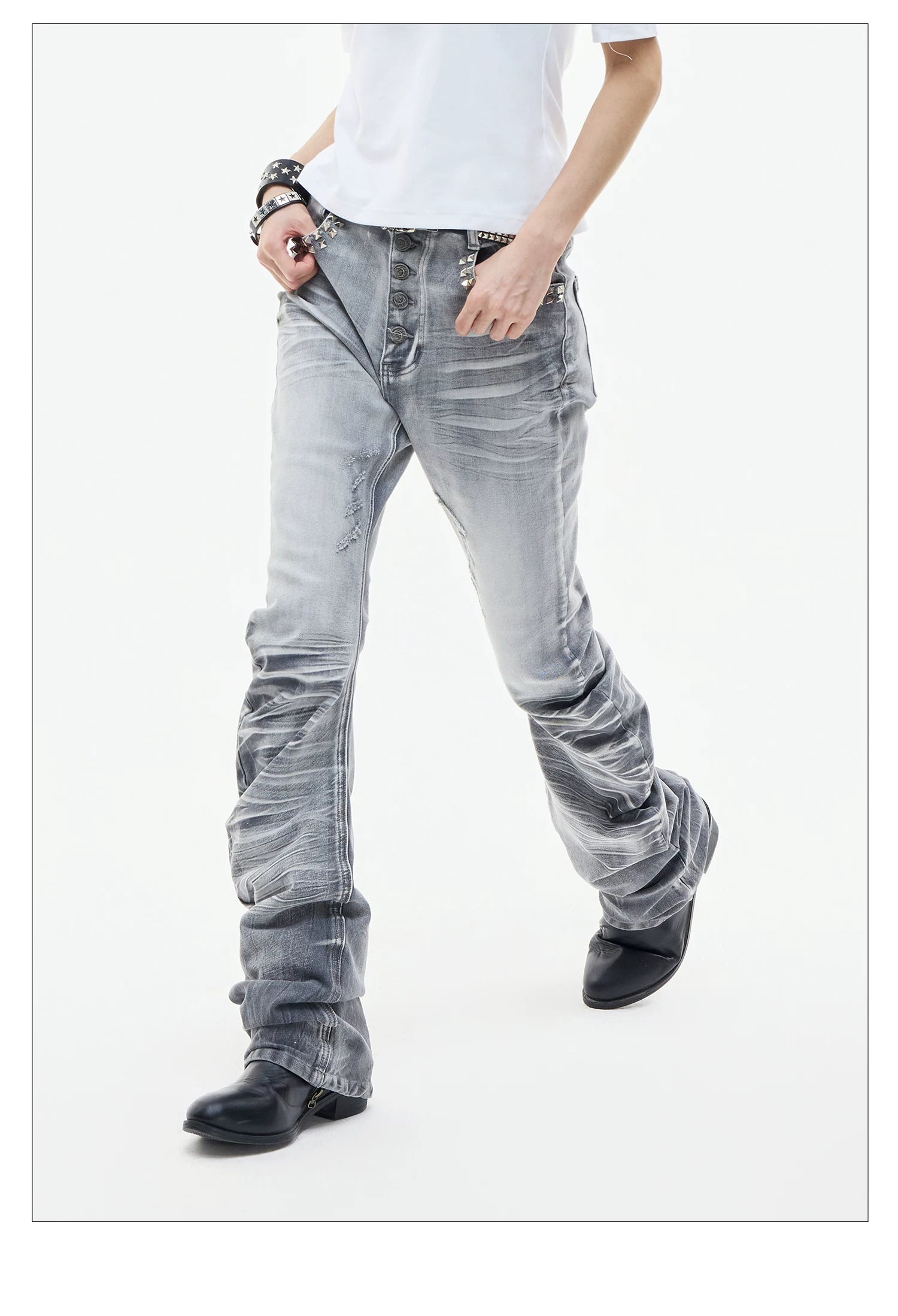 Ice Blue Studded Curved Skinny Jeans