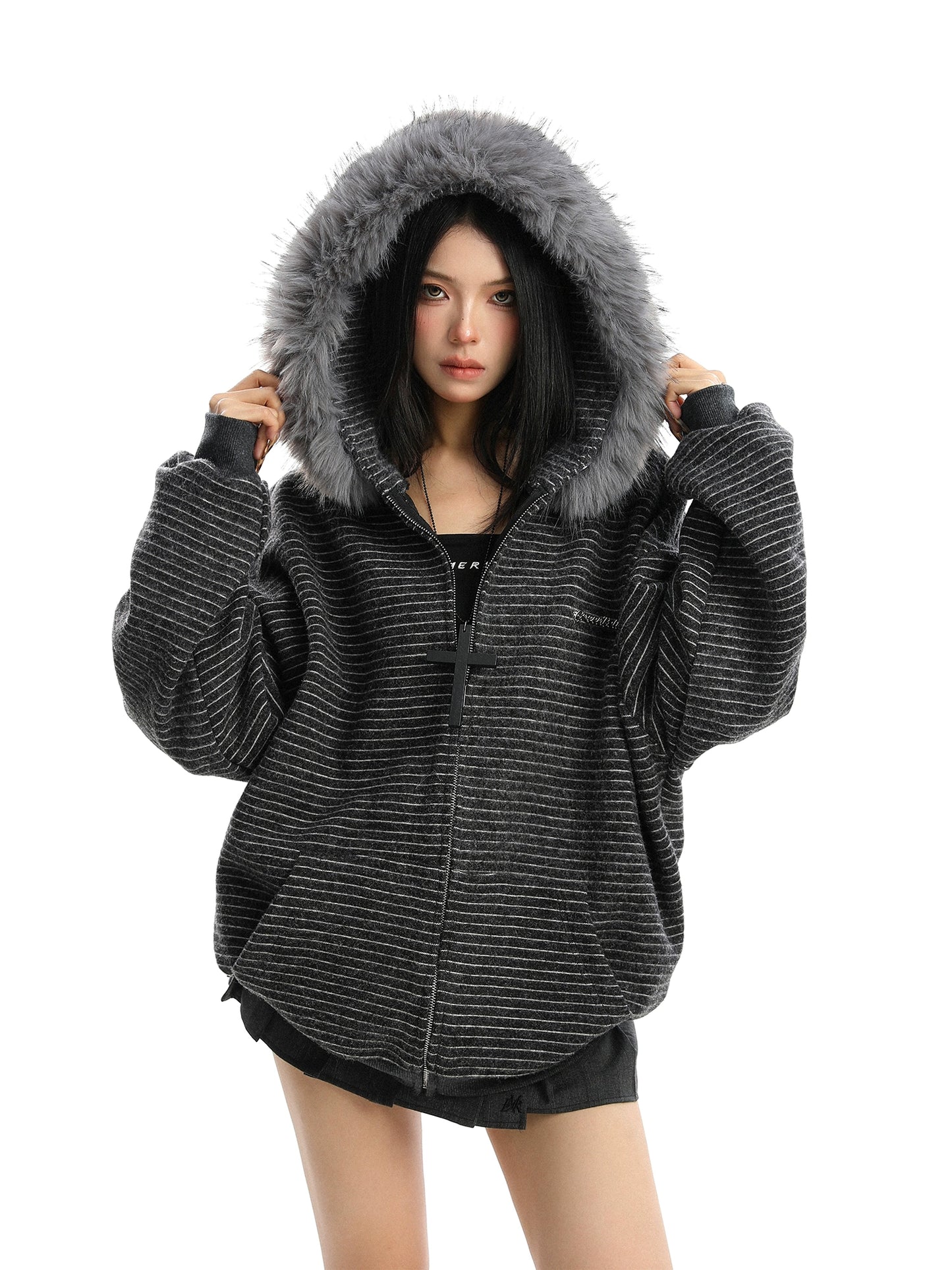 【25s Nov.】Striped Detachable Fur Collar Hooded Sweatshirt