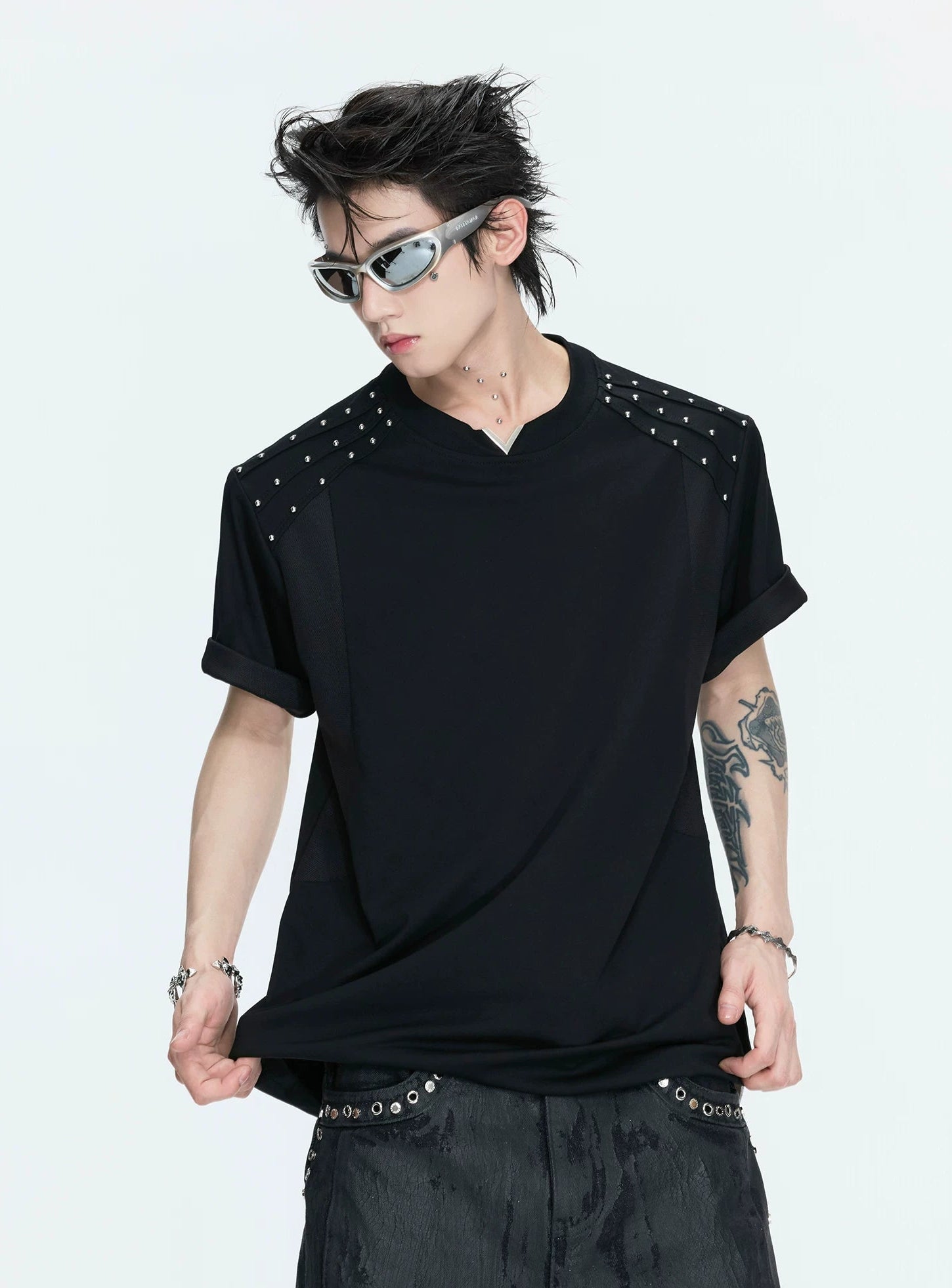 【26s May】Pleated Studded Boxy V-Neck Mesh Lined Tee