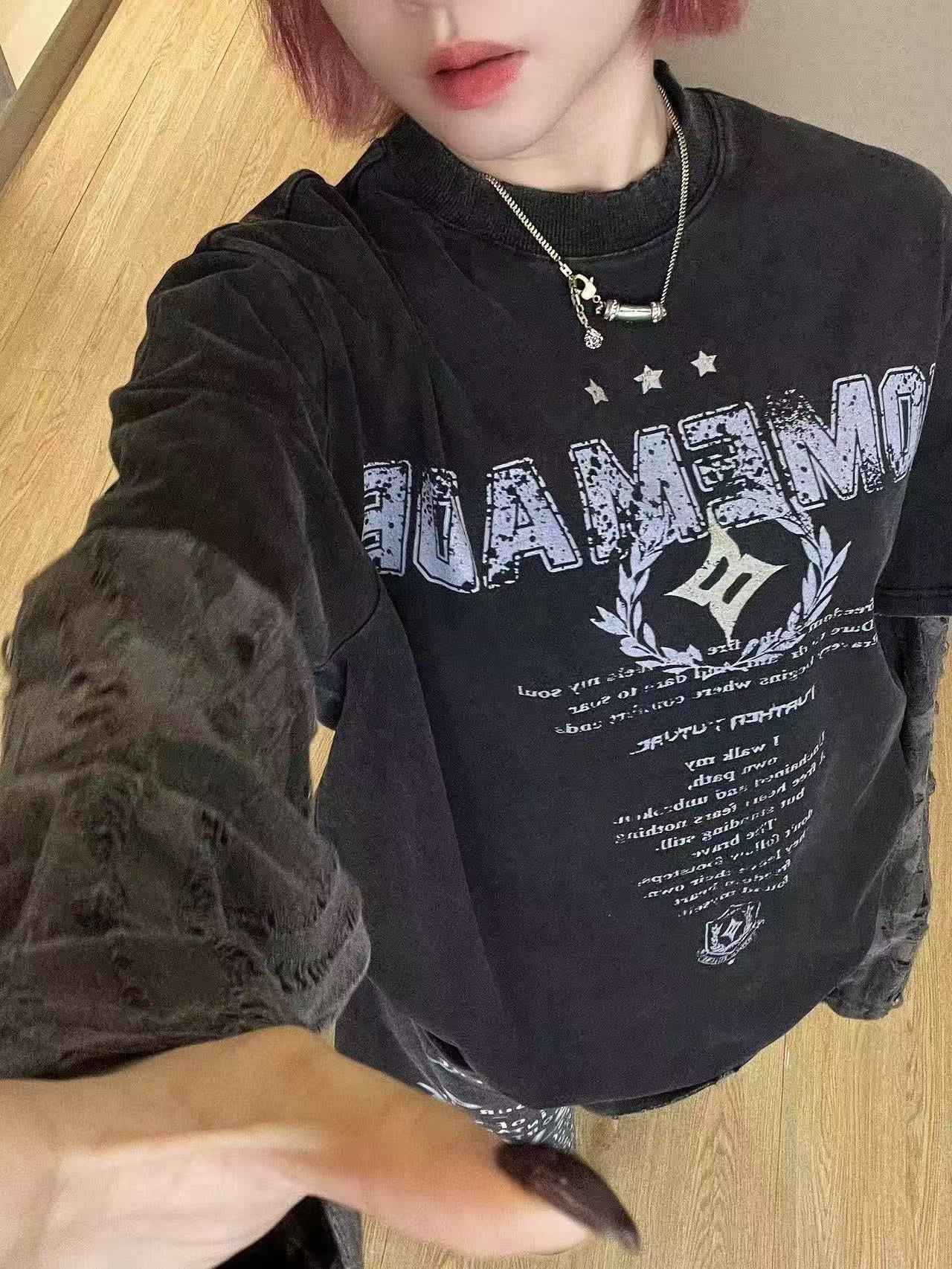 Layered Distressed Washed Long Sleeve Tee