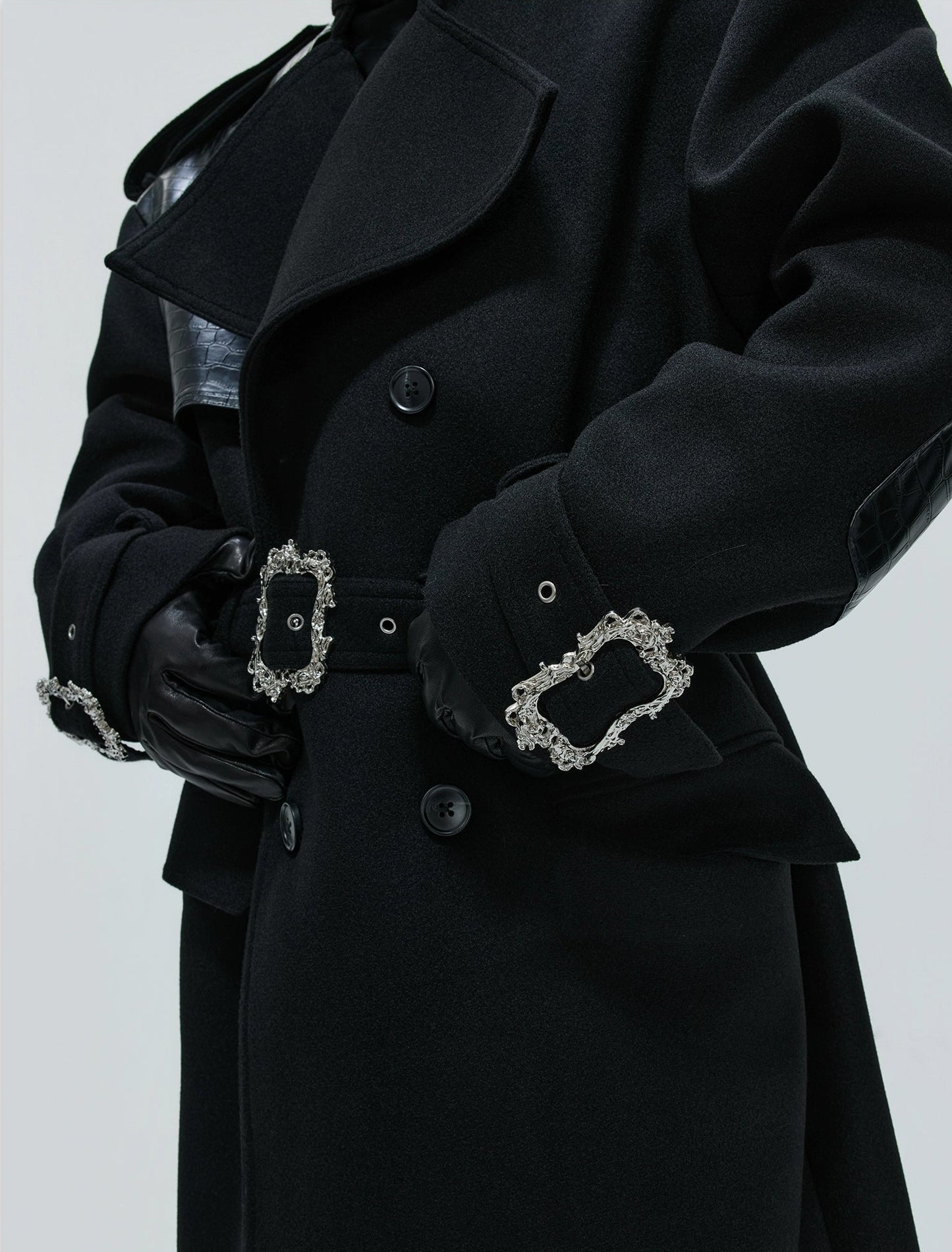 【25s Nov.】Crocodile-print Lace-up Metal Buckles Woolen Coat