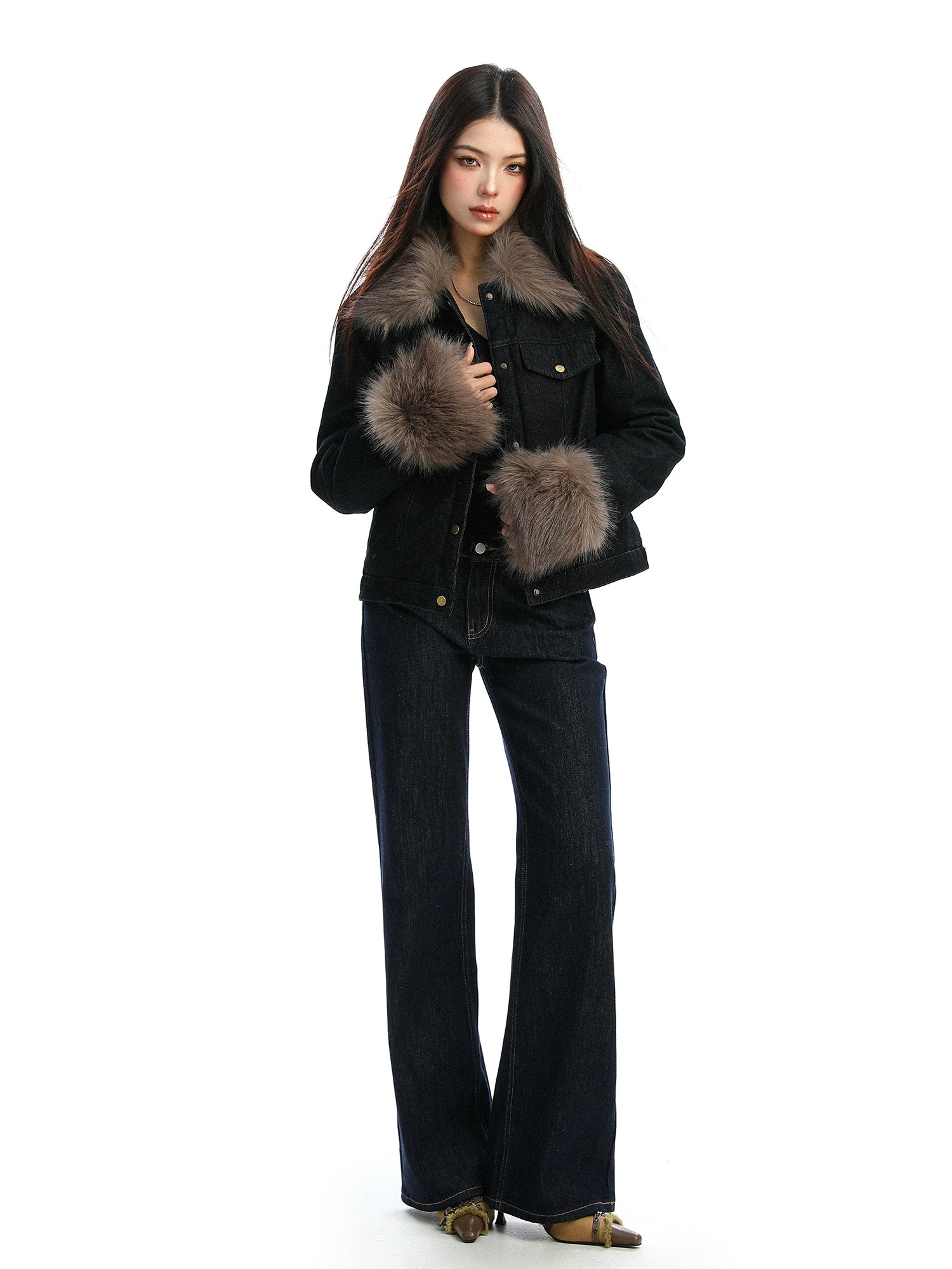 【25s Dec.】Fur-trimmed Denim Cotton Jacket