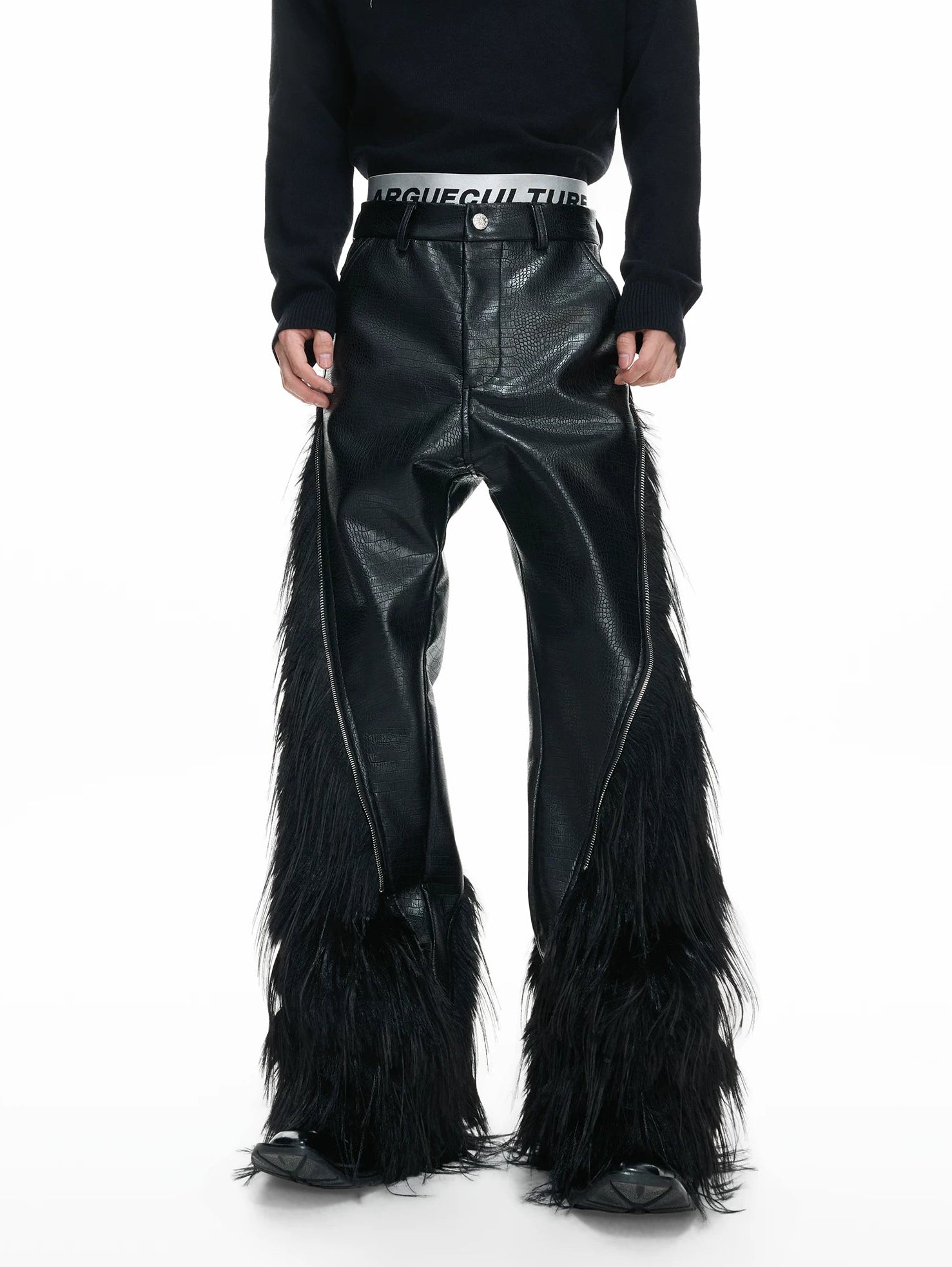【26s Feb.】Deconstructed Faux Wolf Fur Croc-Embossed Leather Wide-Leg Pants