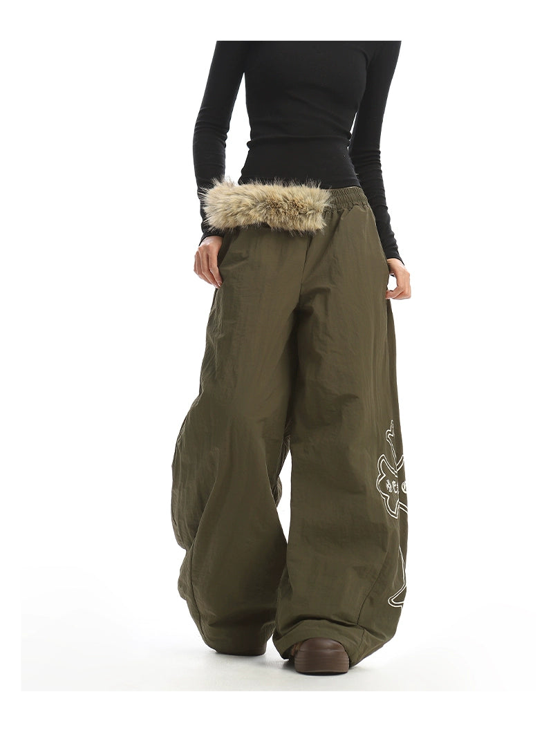 【25s Dec.】Fur Collar Printed Fleece-lined Curved Trousers