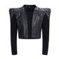 【25s Sep.】Cropped Knit-Paneled Oversized Shoulder PU Leather Jacket