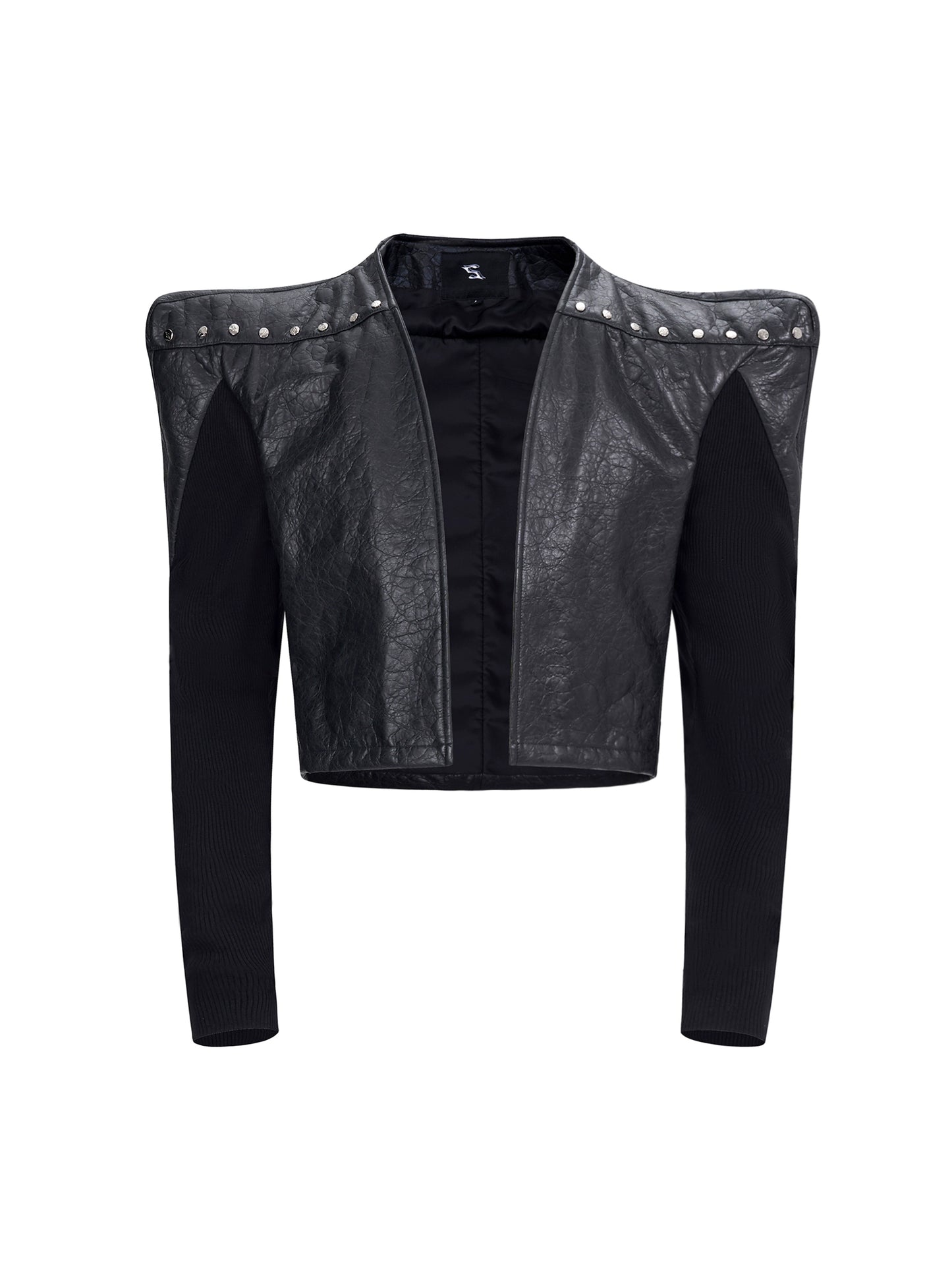 【25s Sep.】Cropped Knit-Paneled Oversized Shoulder PU Leather Jacket