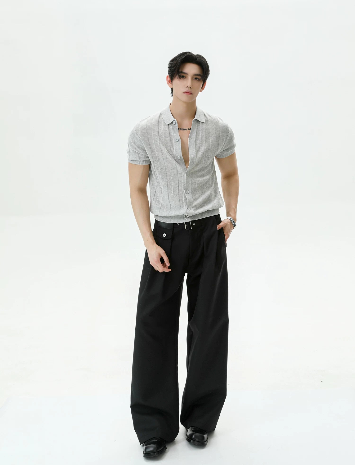 Ribbed Lyocell Knit Polo Cardigan