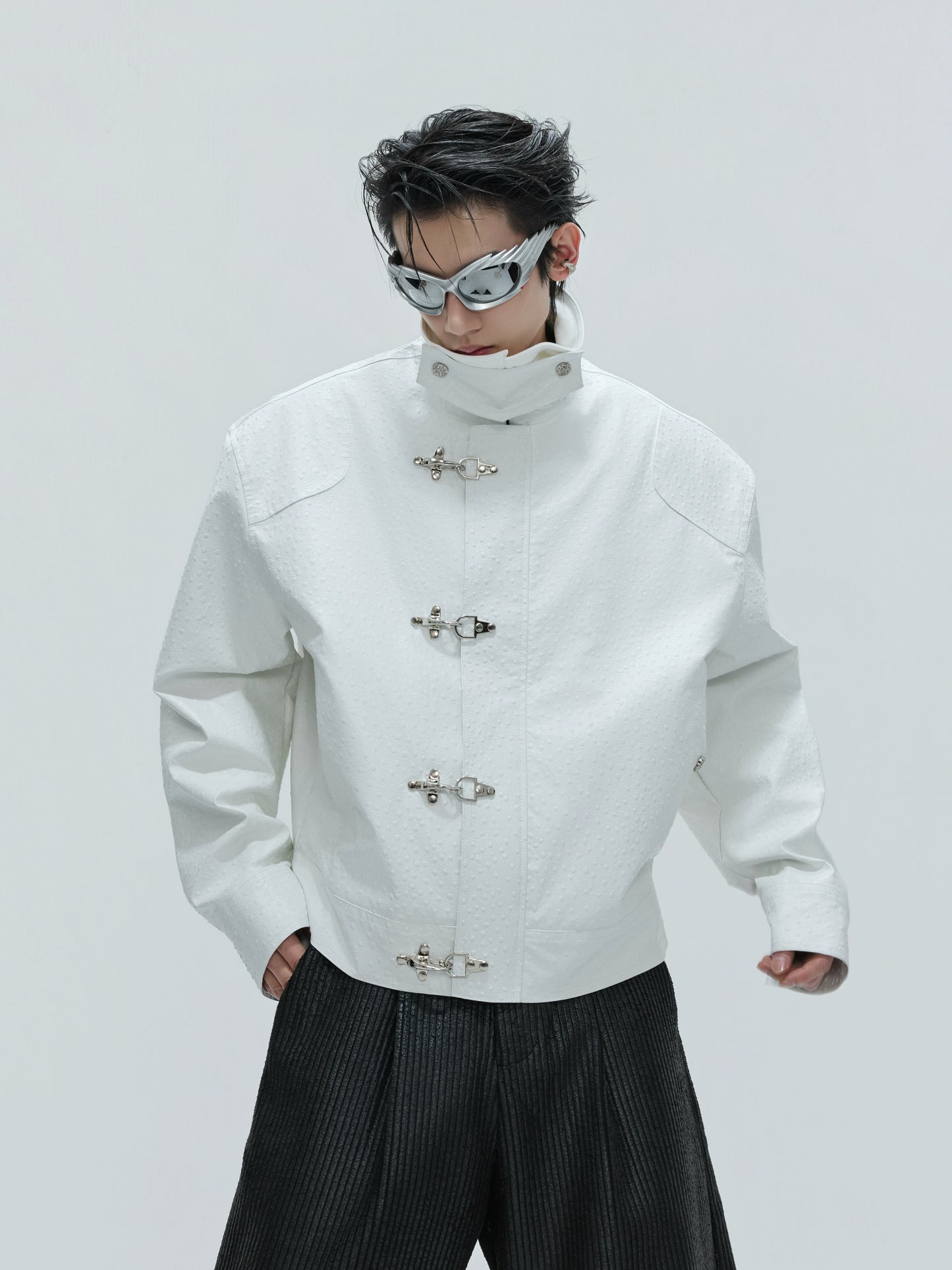 【25s Nov.】Ostrich Leather Aircraft Button Plush Leather Jacket