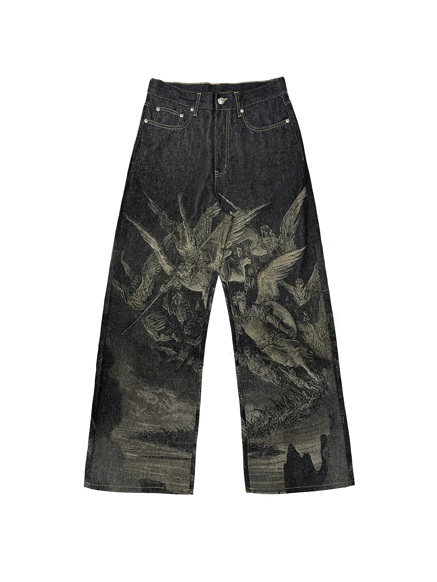 【26s May】Laser Burn Pattern Baggy Raw Denim Pants