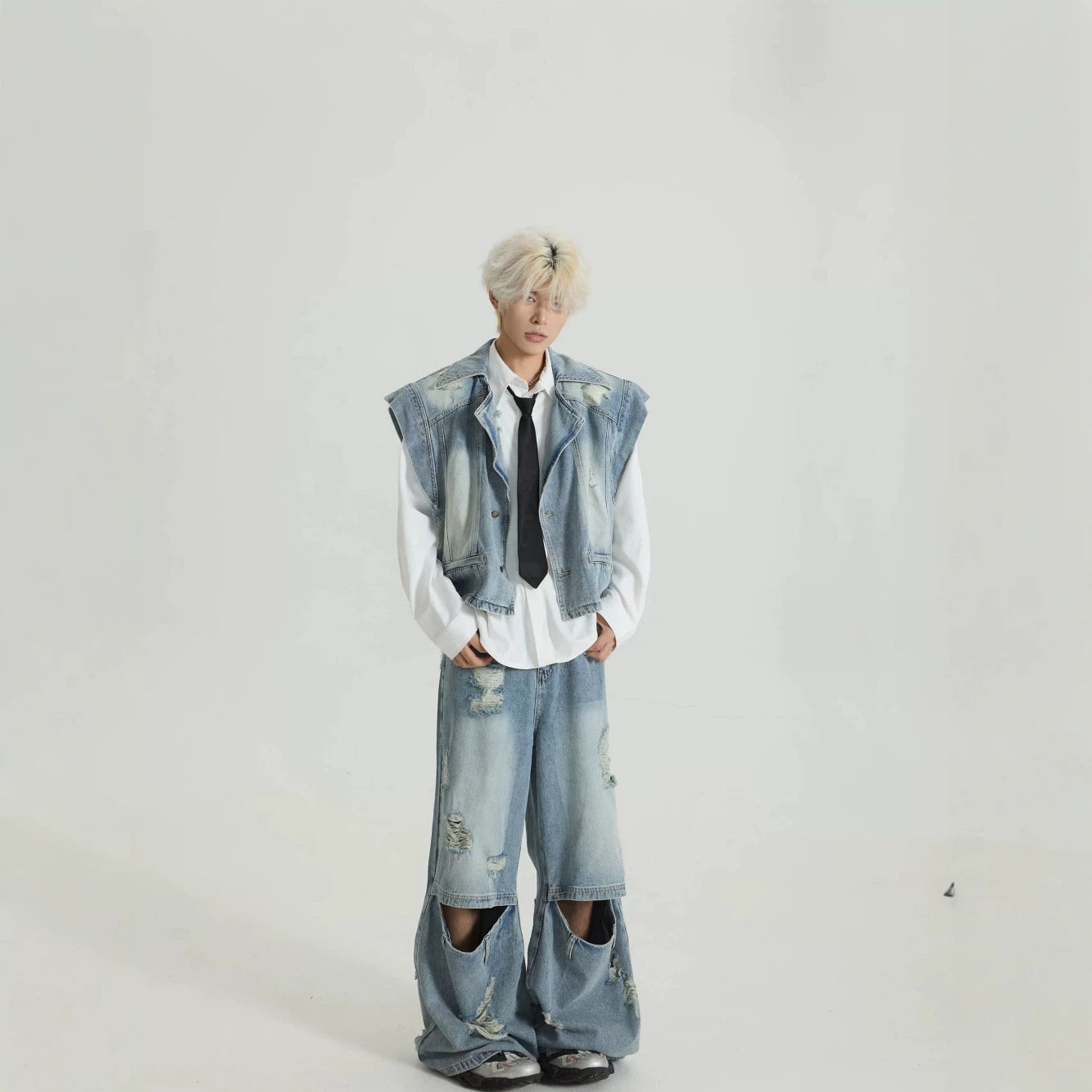 Distressed Denim Vest Wide-Leg Set