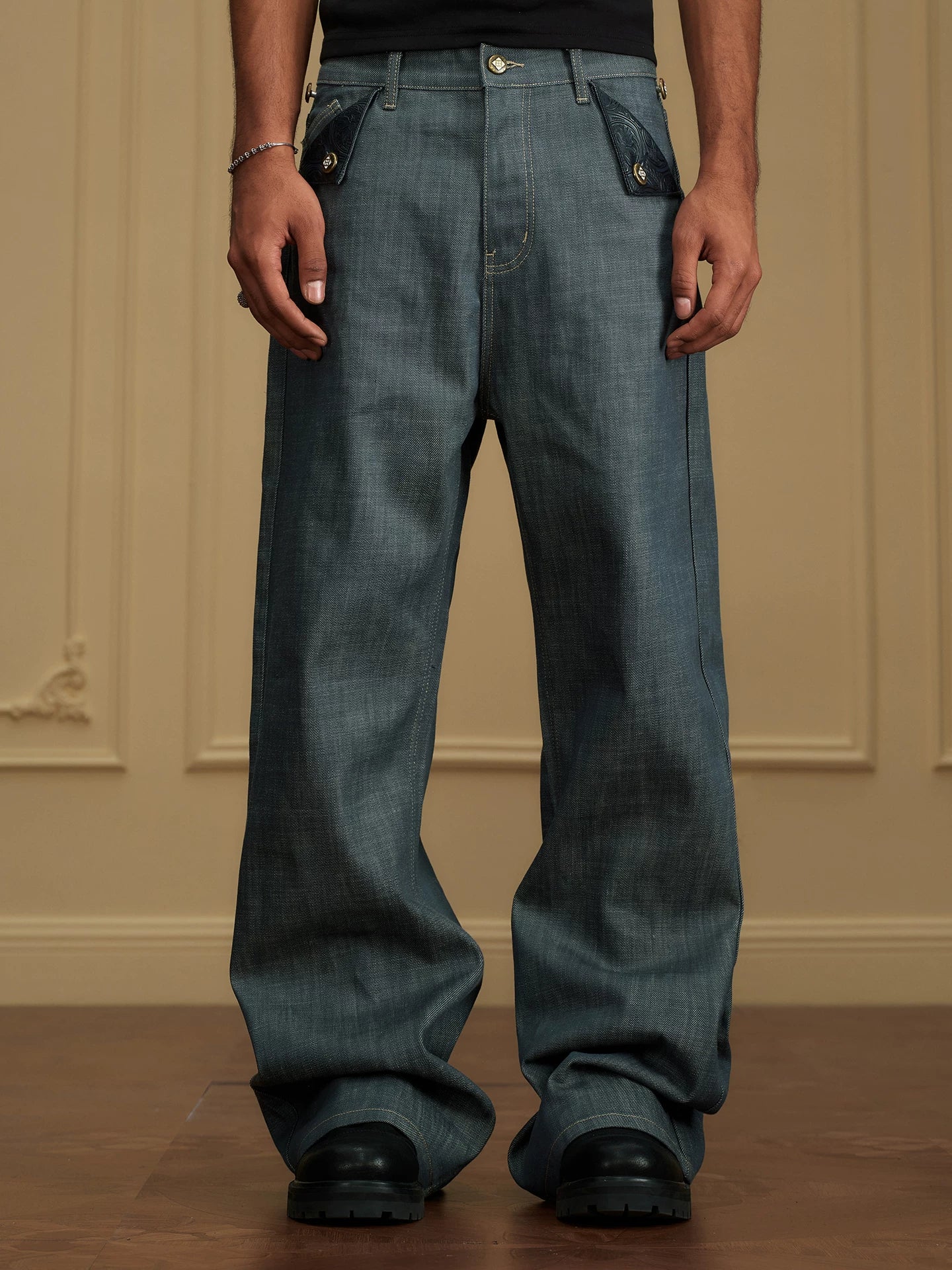 Baroque Relief Straight Denim Jeans