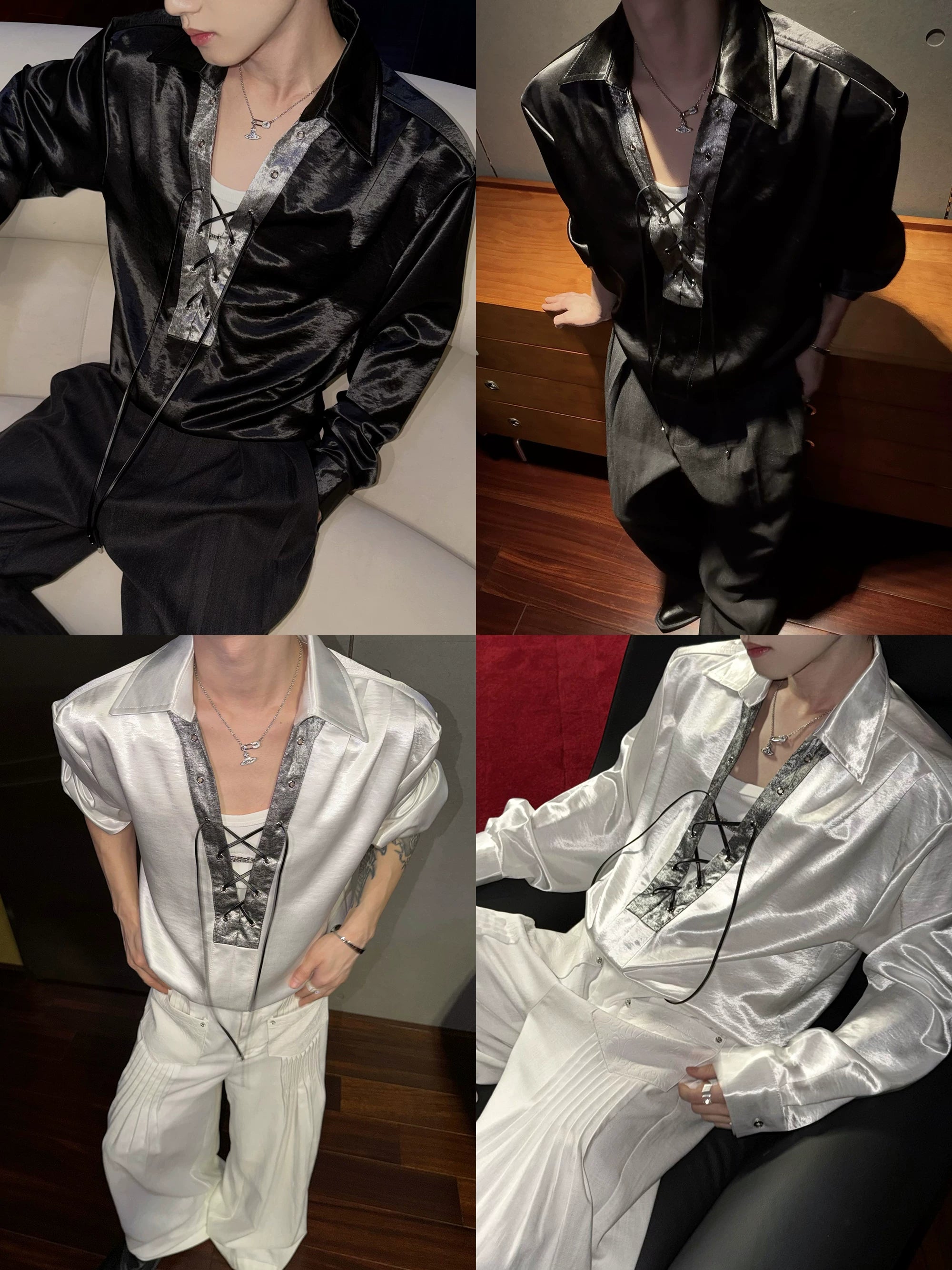 Contrast Lace-Up Satin V-Neck Shirt