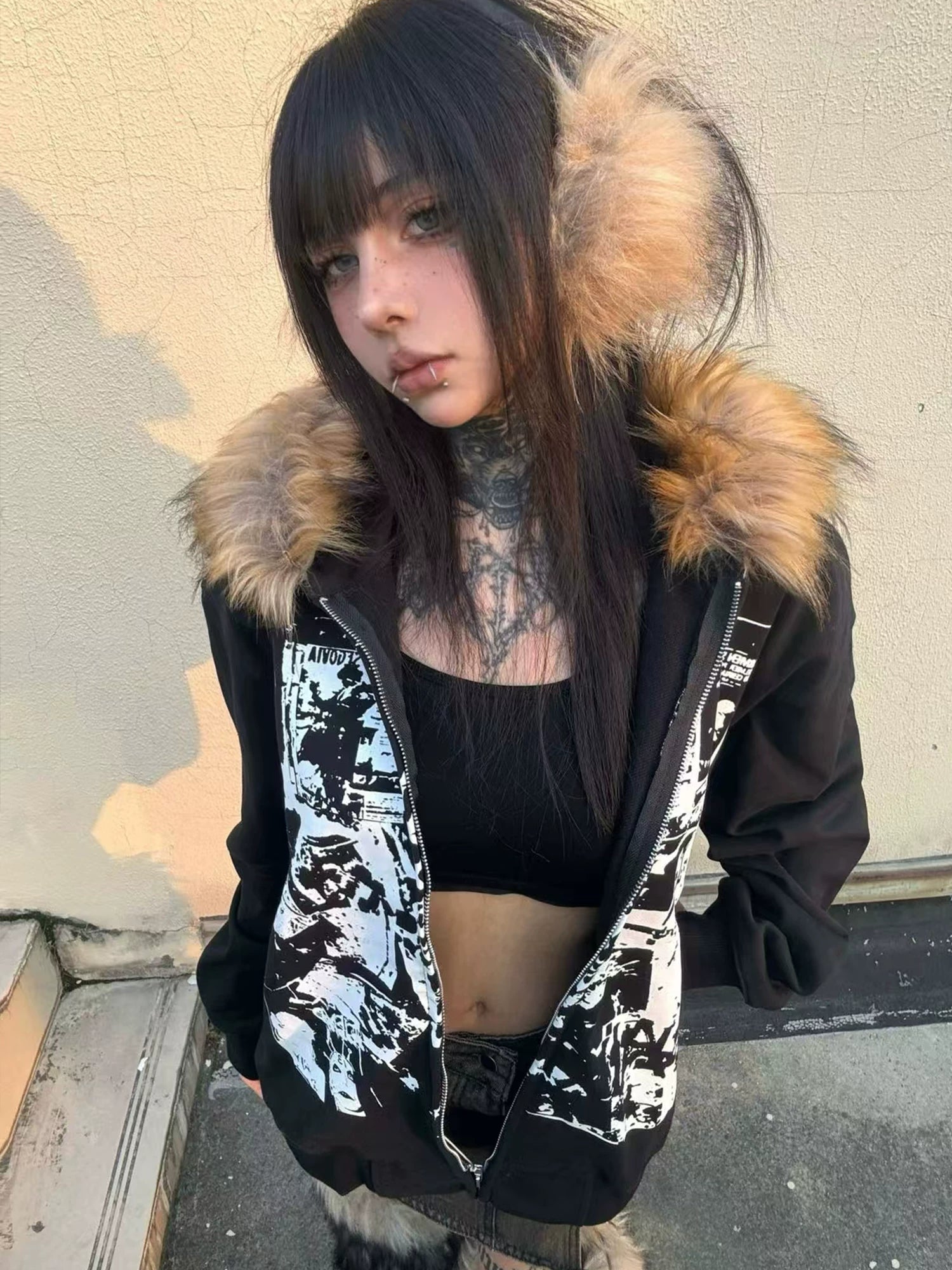 【26s Jan.】Vintage Printed Fur-Trim Zip-Up Hoodie Jacket