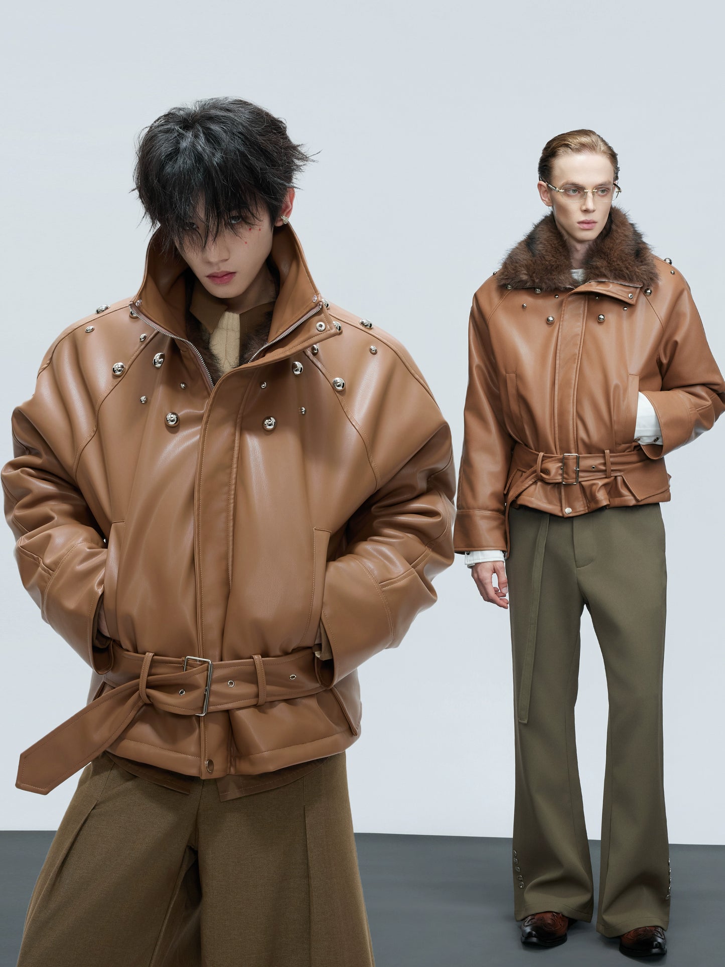 【25s Nov.】Riveted Faux Wolf Fur Collar Thickened Cotton Coat