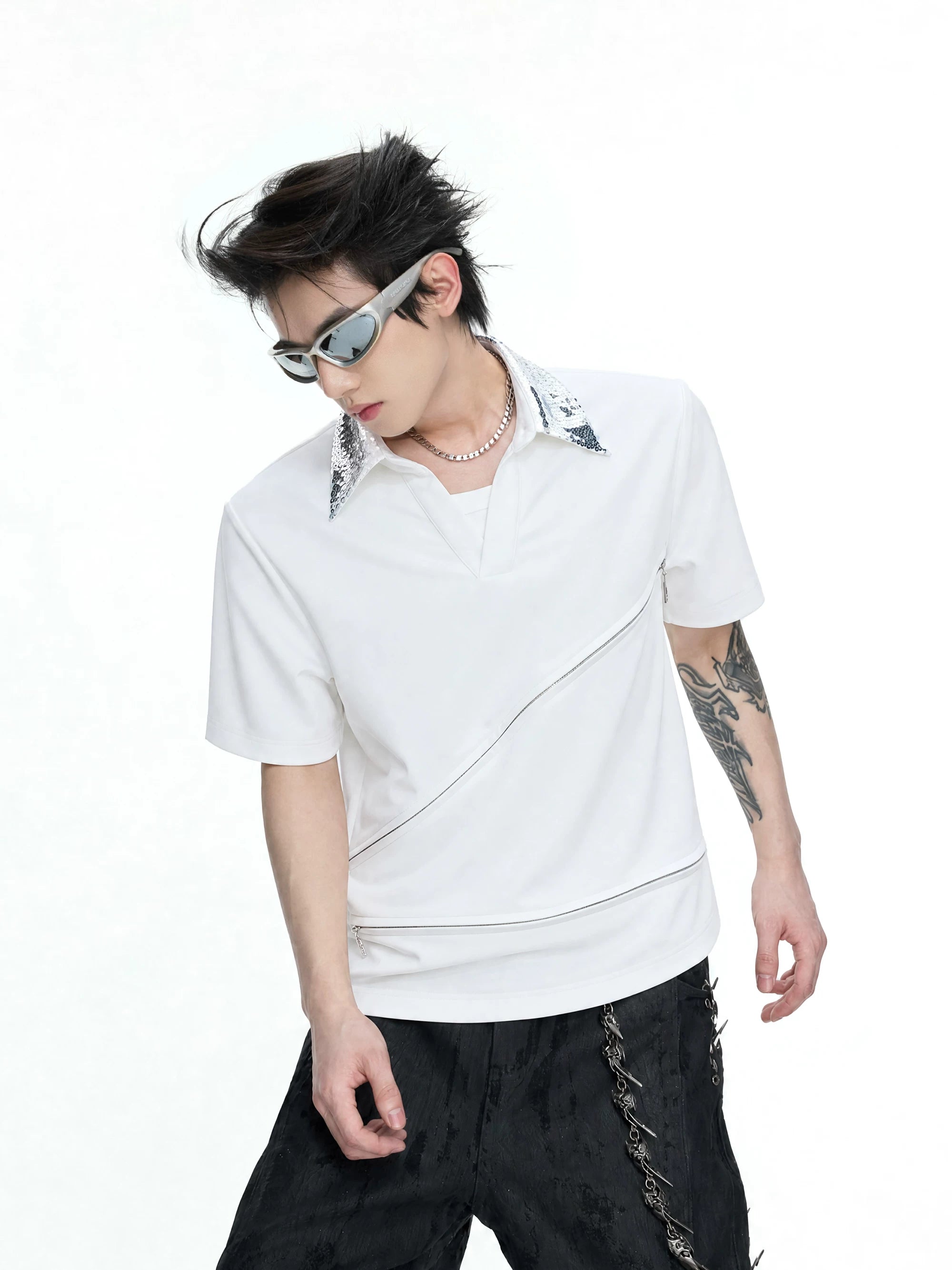 Asymmetric Zip Sequin Polo Tee