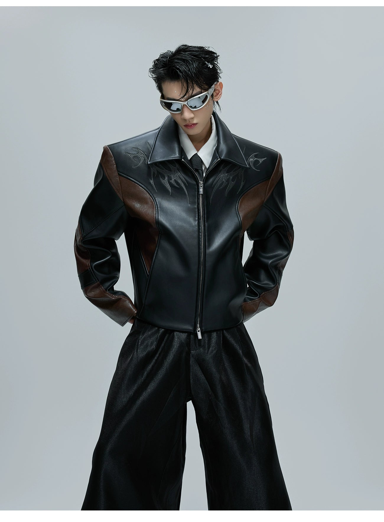 Embroidered Cropped Stand-up Collar Leather Jacket
