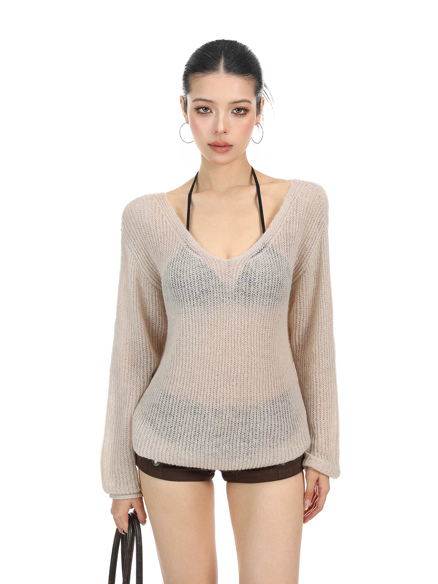 【26s May】Hollow V-Neck Sheer Knit Oversized Top