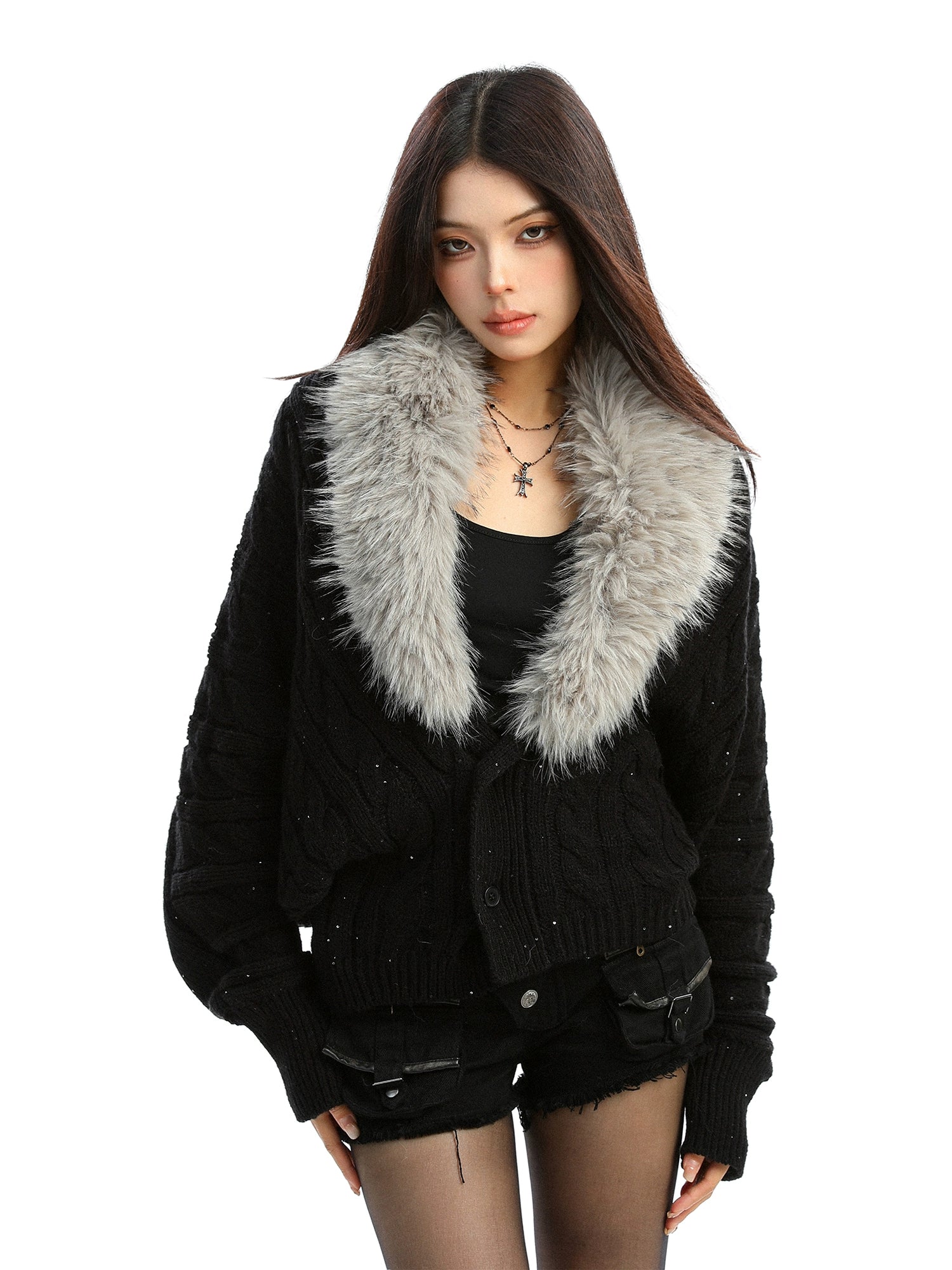 【25s Dec.】Detachable Fur Collar and Bright Batwing Sleeve Sweater