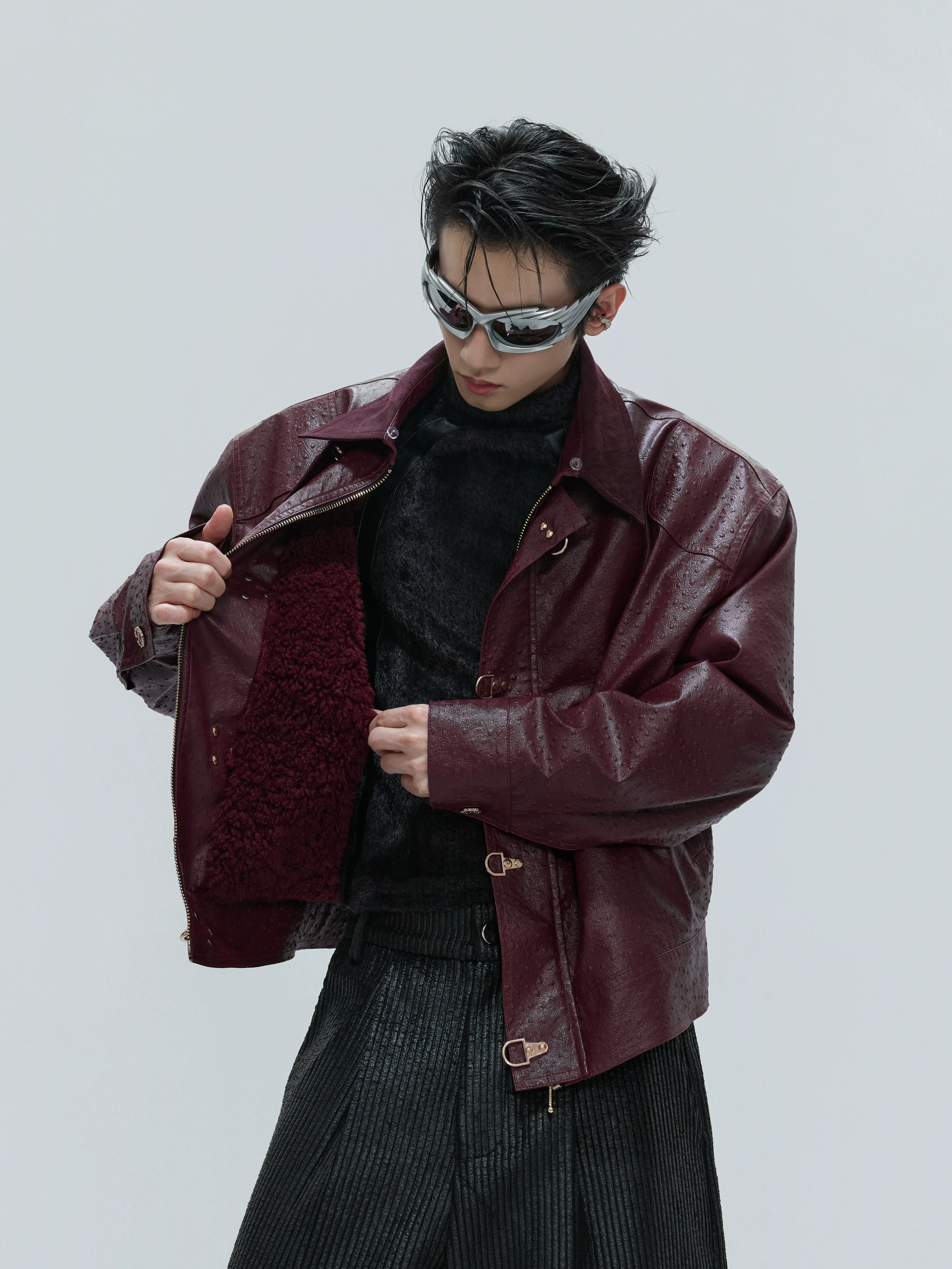 【25s Nov.】Ostrich Leather Aircraft Button Plush Leather Jacket