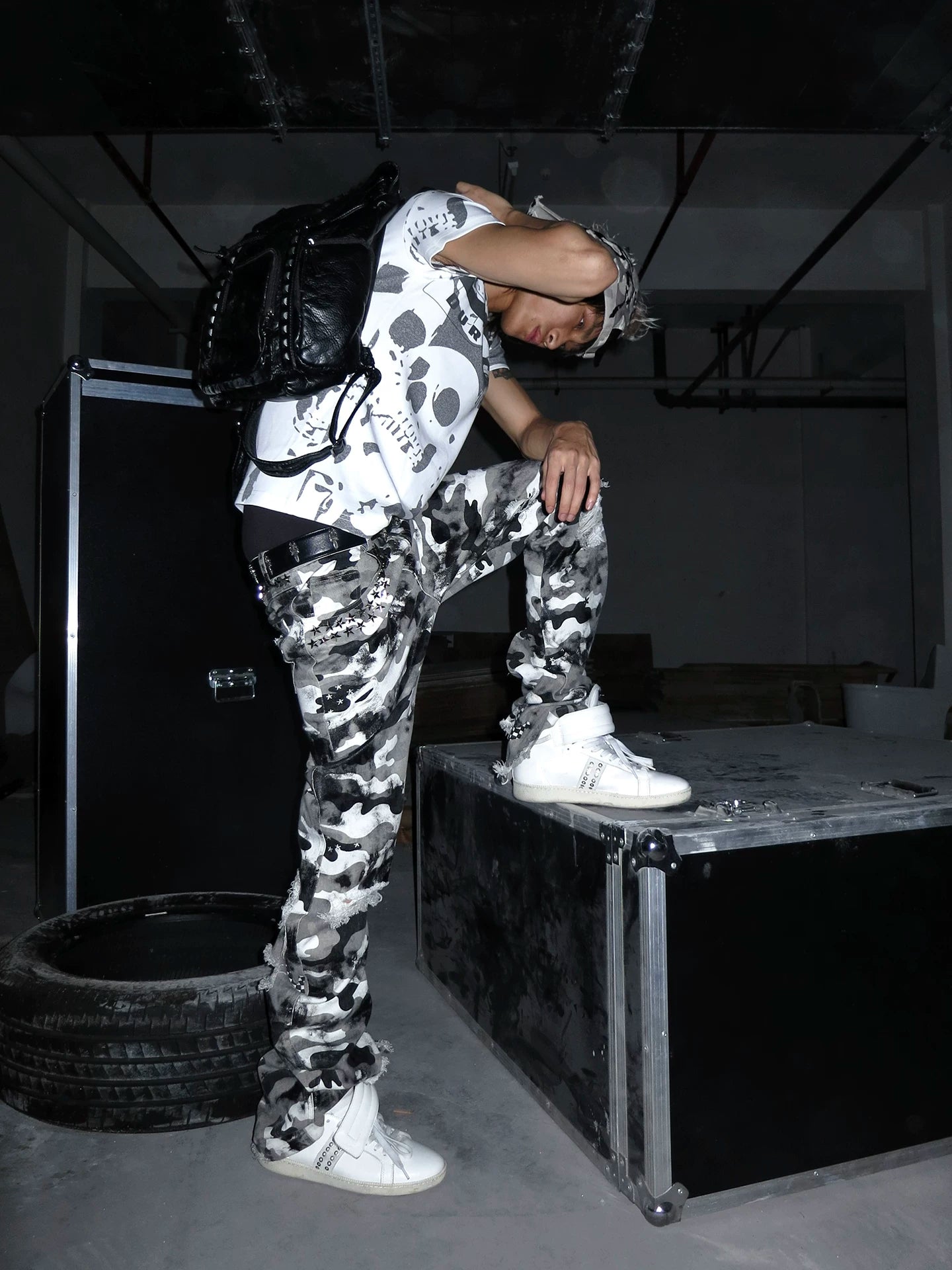 Waxed Camo Curved Flared Pants