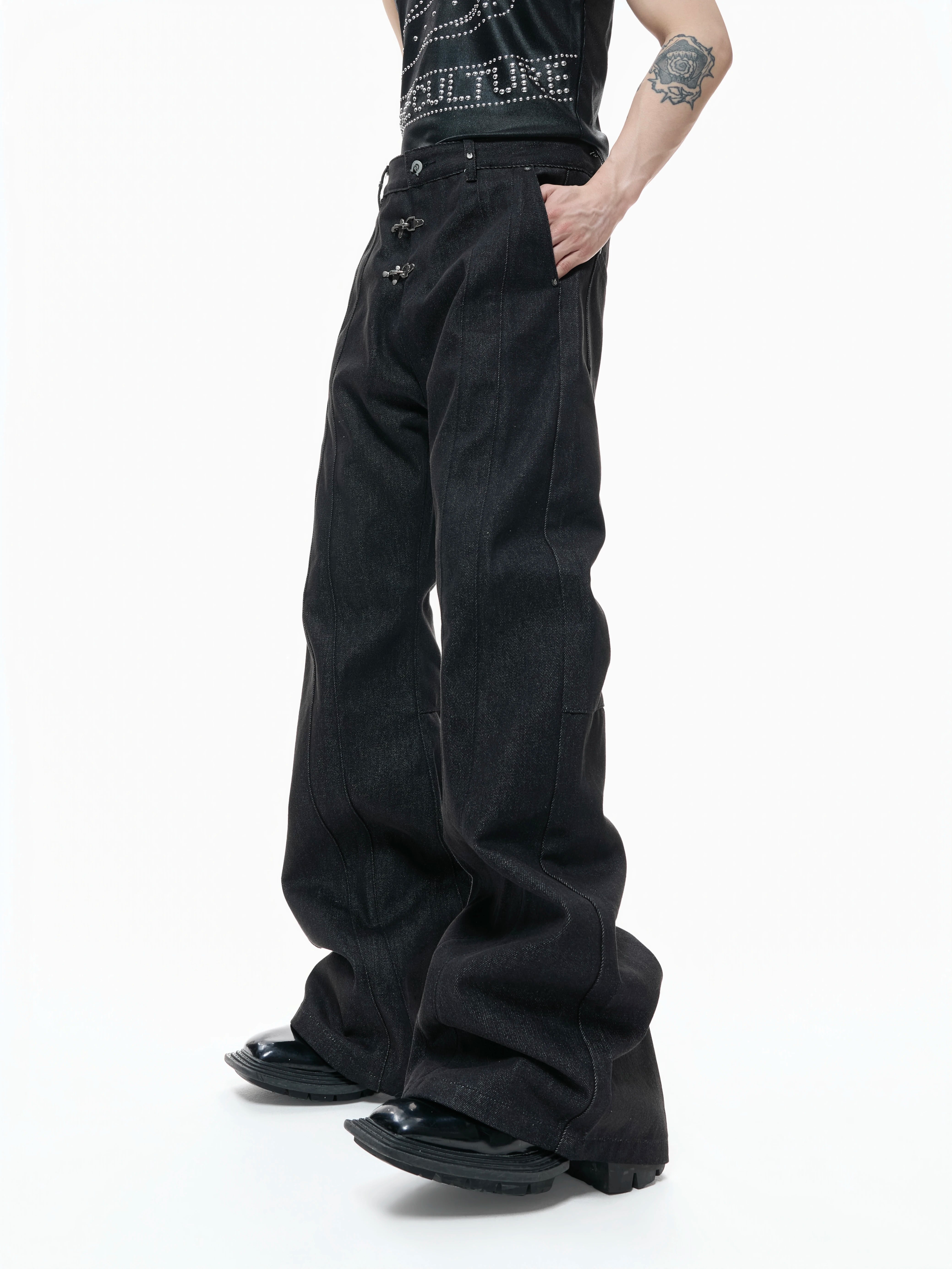 【26s Apr.】Horseshoe-Buckle Ruched Short-Sleeve Denim Jacket / Jeans