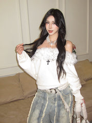 Hot Girl Fur Collar Off-shoulder Sweater