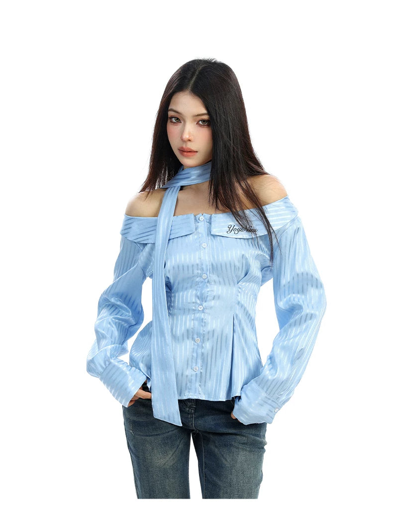 【26s Feb.】Korean Striped Off-Shoulder Waist-Fit Long-Sleeve Shirt