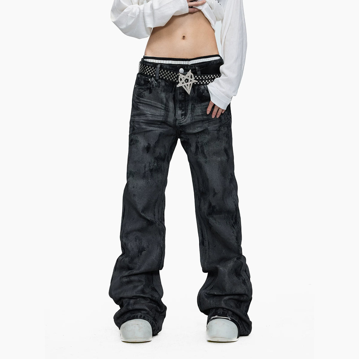 Hand-Waxed Stacked Flared Denim Jeans