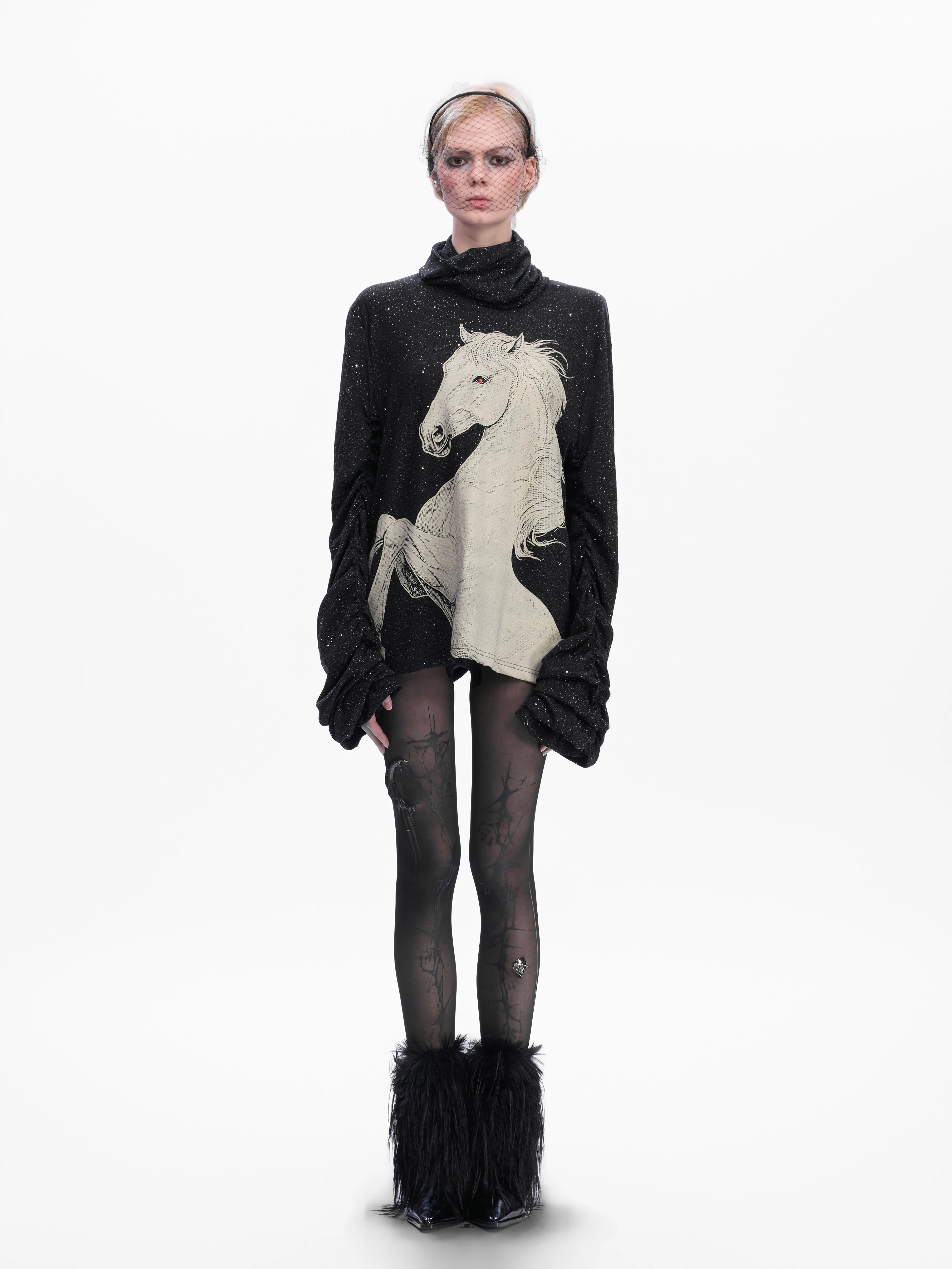 【26s Jan.】Delicate Sequined White Horse Print Top