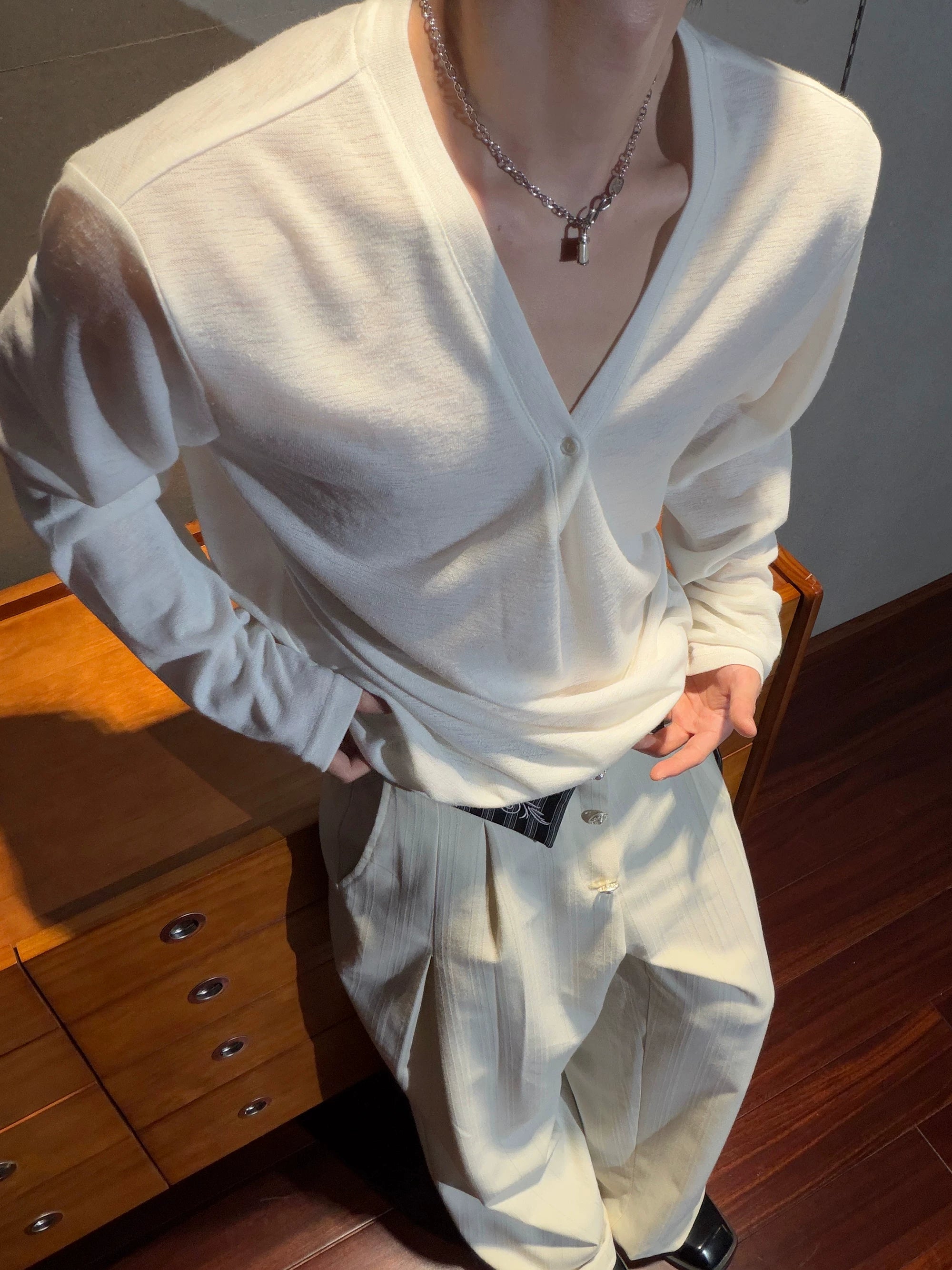 Deep V-Neck Relaxed Long Sleeve Tee