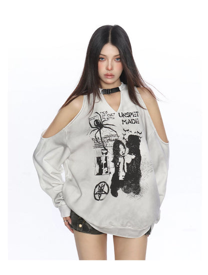 【25s Nov.】Spider Graffiti Off-Shoulder Long-Sleeve Sweatshirt