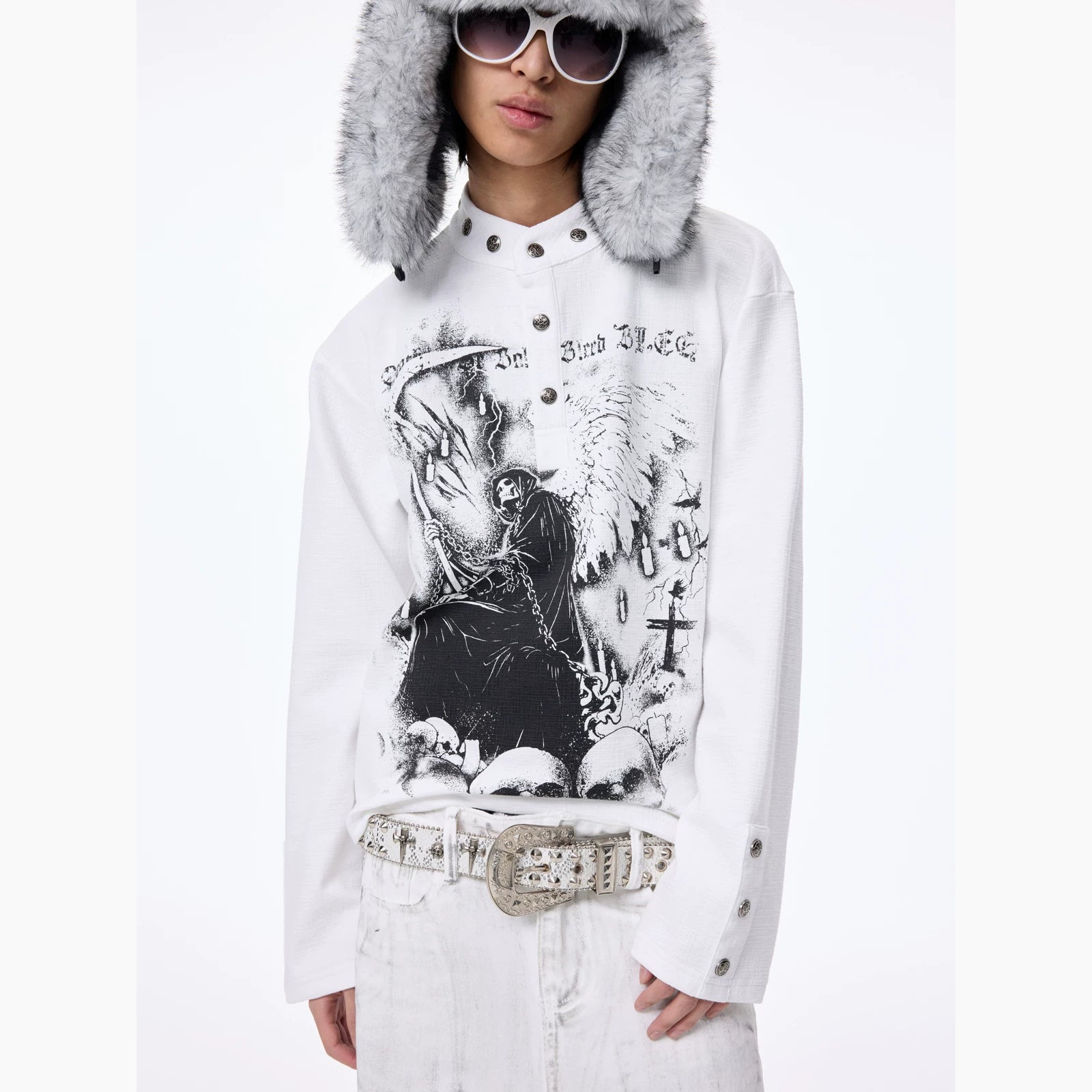 Dark Graphic Button Long Sleeve Tee