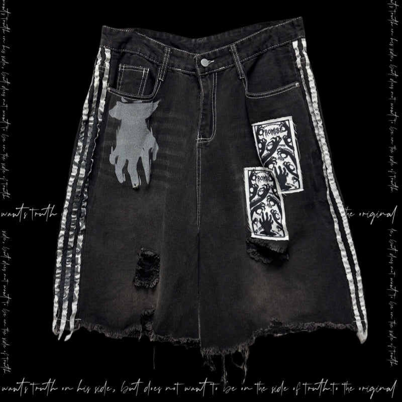 【25s Aug.】Black Striped Distressed Denim Shorts with Patch Details