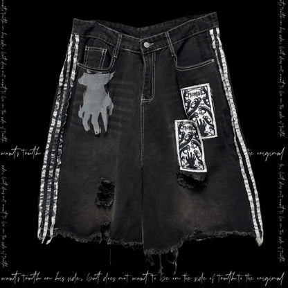 【25s Aug.】Black Striped Distressed Denim Shorts with Patch Details